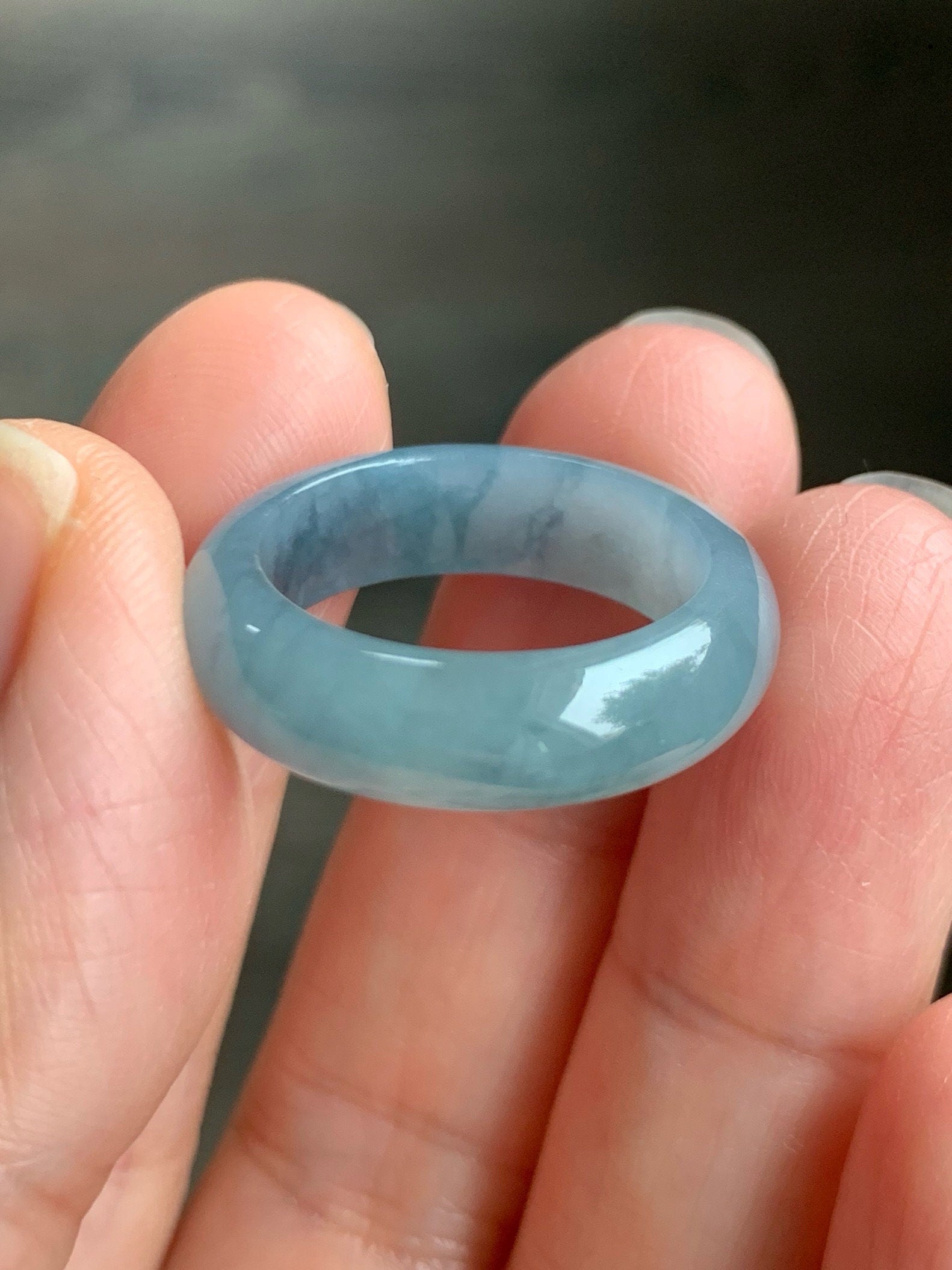 Stunning Natural Guatemalan Icy Translucent Gelatinous Light Purplish Blue Jadeite w/ Dark Blue Marbling Band Ring Sz 8 天然冰危蓝紫飘花翡翠戒圈 WPH114F