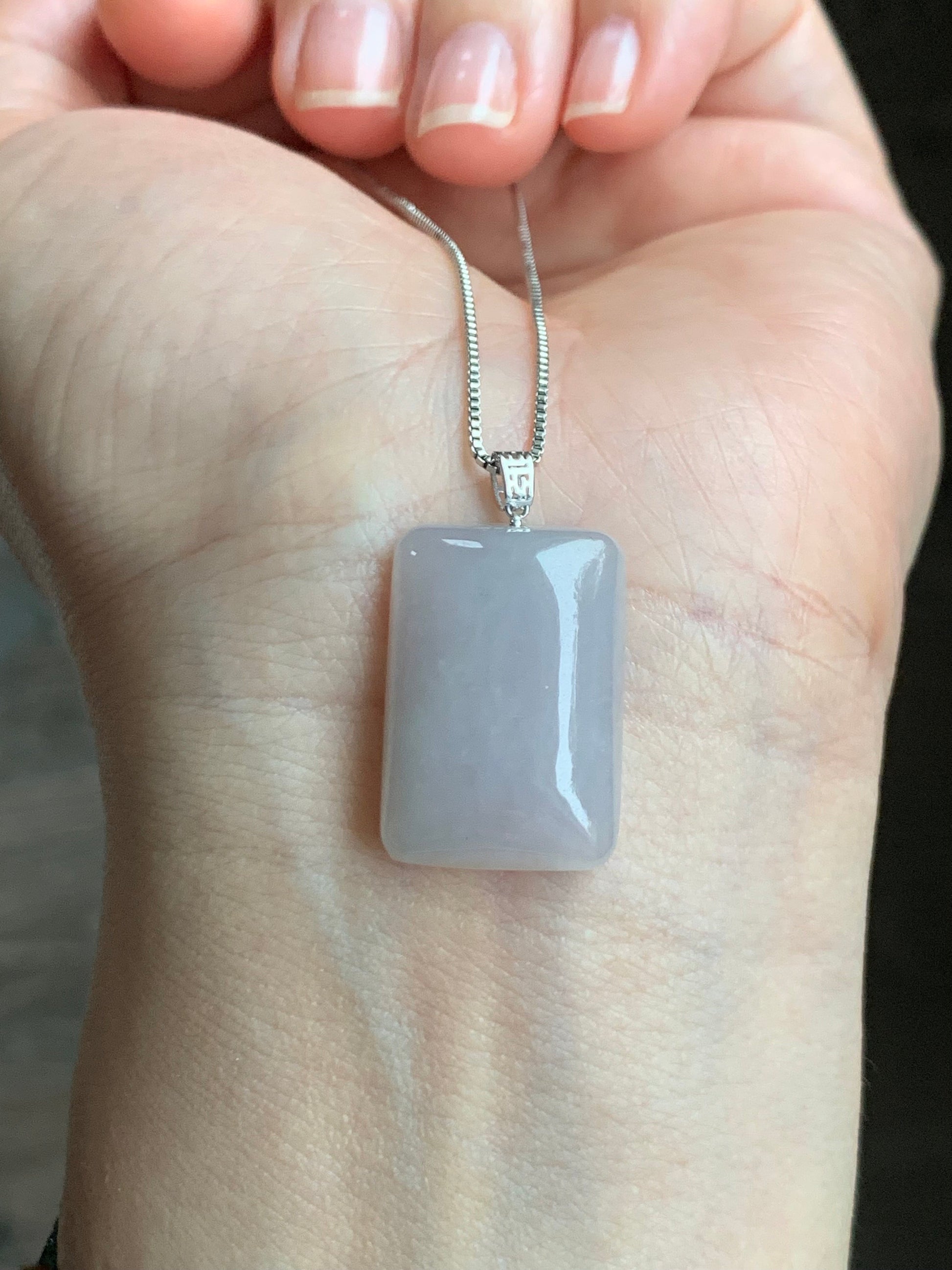 Natural Burmese Icy Translucent Light Lavender Jadeite Rectangle Pendant 18K Yellow Gold 天然缅甸老种冰藕粉翡翠方牌镶嵌吊坠