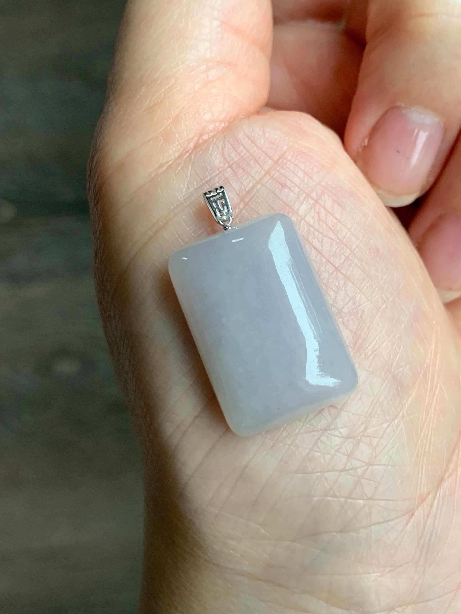 Natural Burmese Icy Translucent Light Lavender Jadeite Rectangle Pendant 18K Yellow Gold 天然缅甸老种冰藕粉翡翠方牌镶嵌吊坠