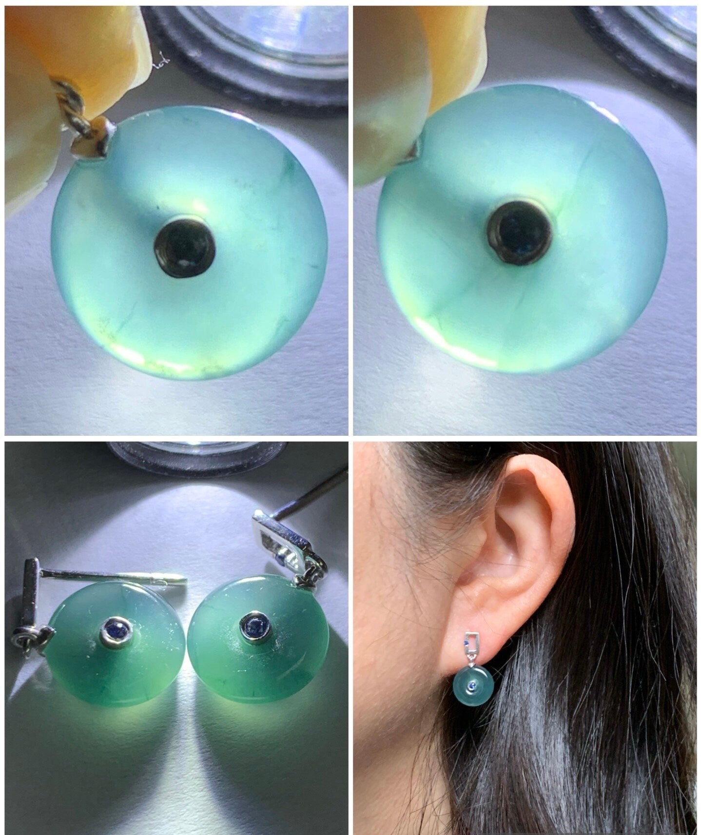 Certified Natural Guatemalan Icy Translucent Dark Teal Blue Jadeite Ping An Kou Blue Sapphire Earrings Sterling Silver 天然冰危蓝翡翠篮宝石平安扣耳钉 0377