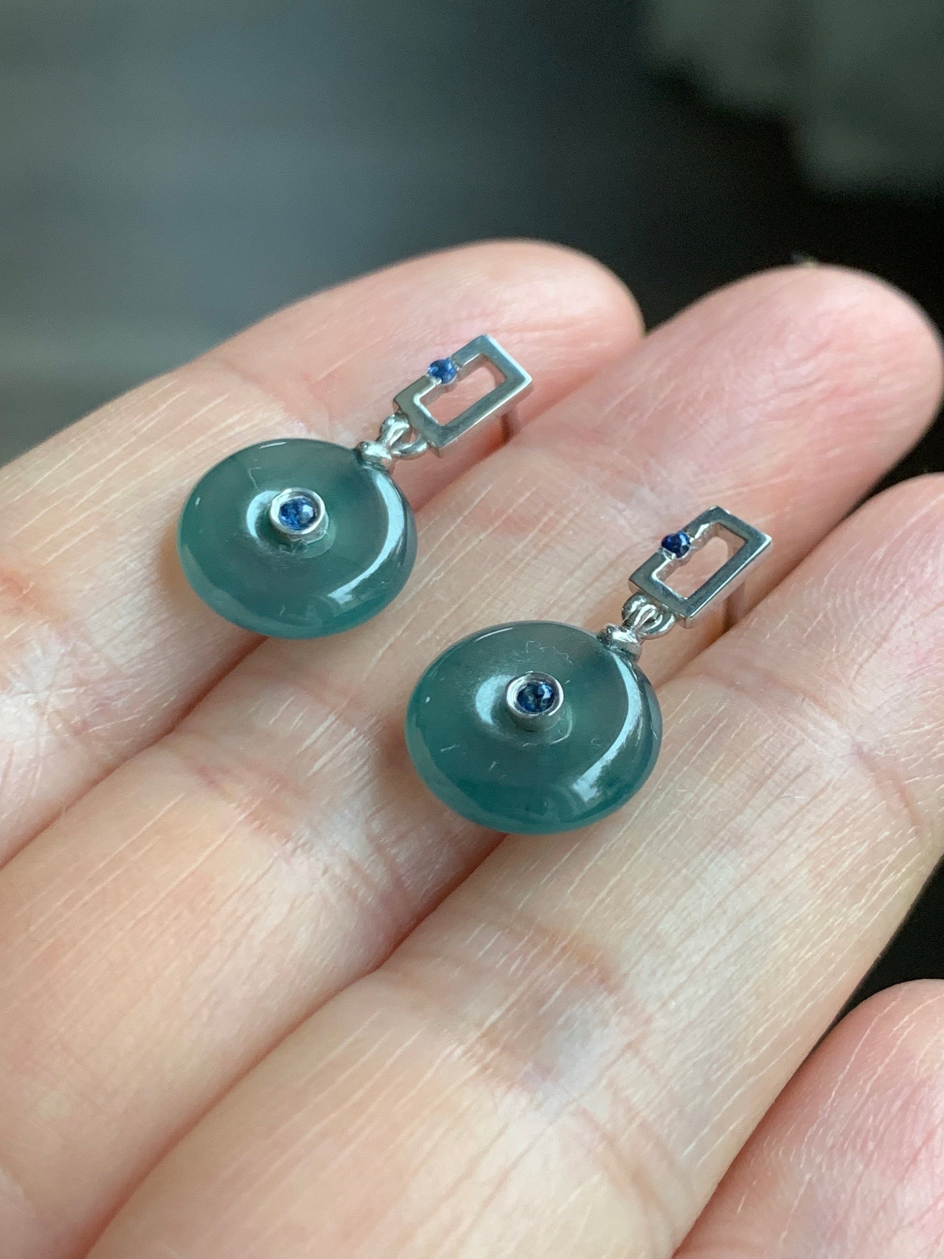 Certified Natural Guatemalan Icy Translucent Dark Teal Blue Jadeite Ping An Kou Blue Sapphire Earrings Sterling Silver 天然冰危蓝翡翠篮宝石平安扣耳钉 0377