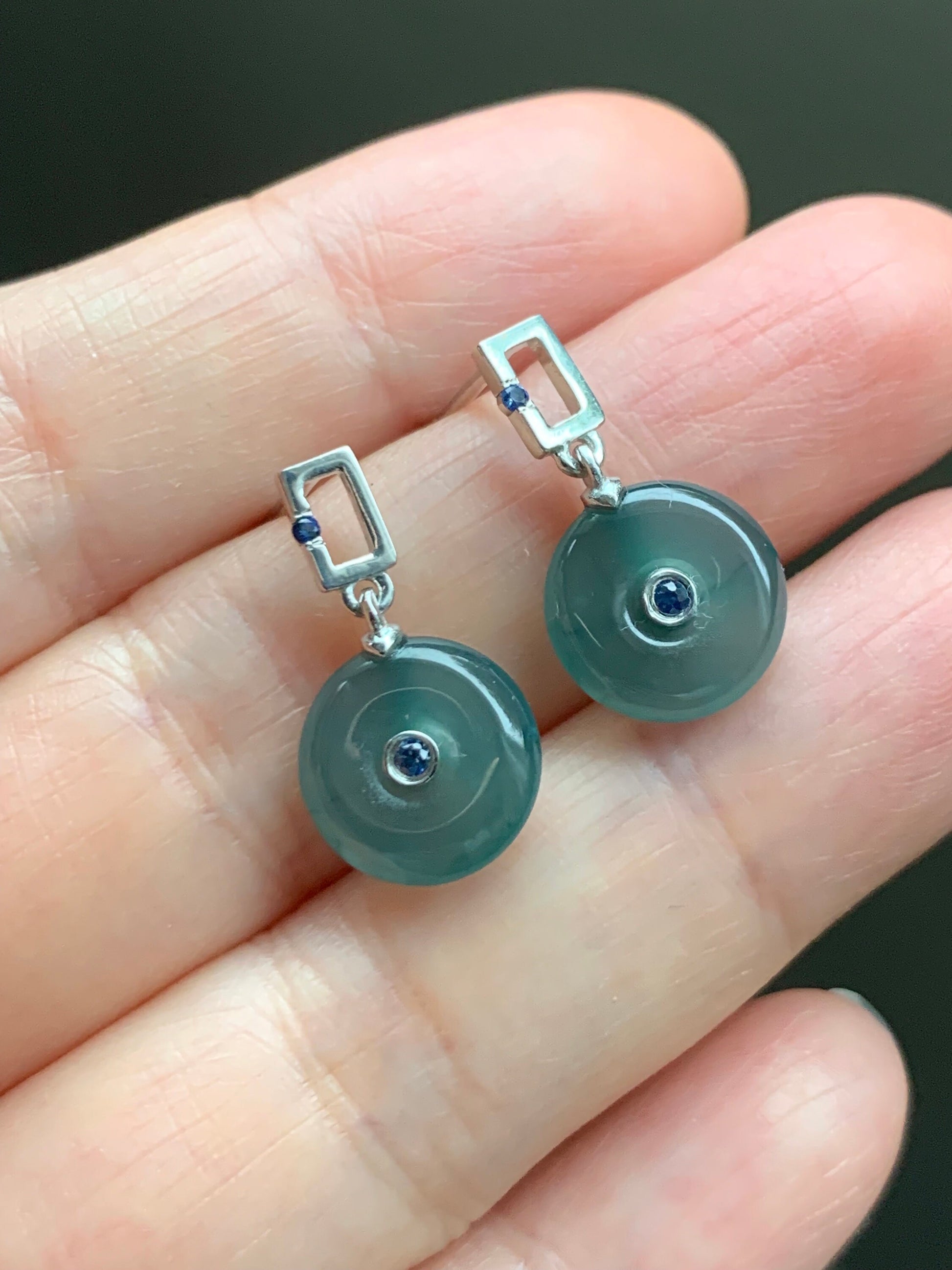 Certified Natural Guatemalan Icy Translucent Dark Teal Blue Jadeite Ping An Kou Blue Sapphire Earrings Sterling Silver 天然冰危蓝翡翠篮宝石平安扣耳钉 0377