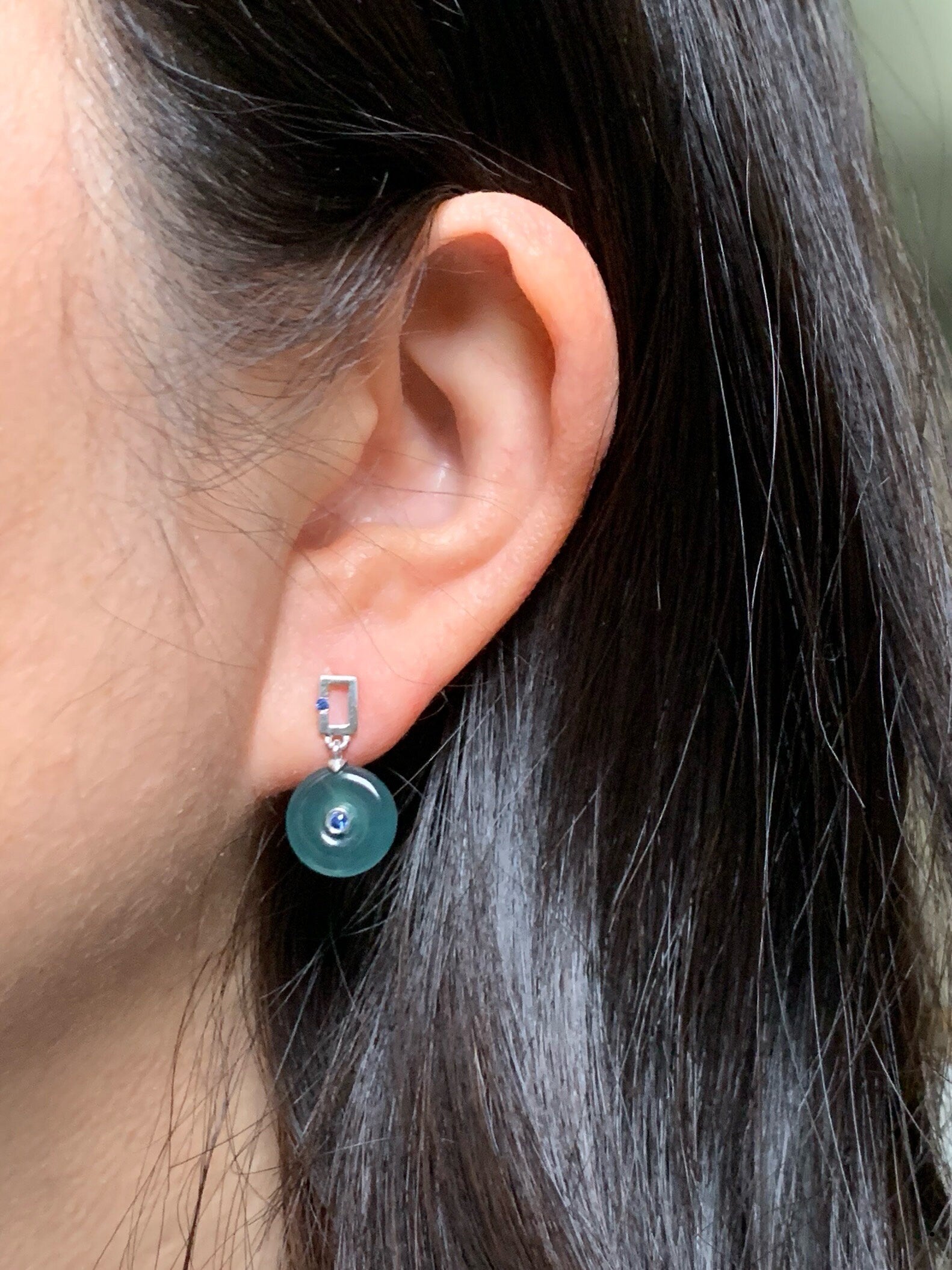Certified Natural Guatemalan Icy Translucent Dark Teal Blue Jadeite Ping An Kou Blue Sapphire Earrings Sterling Silver 天然冰危蓝翡翠篮宝石平安扣耳钉 0377