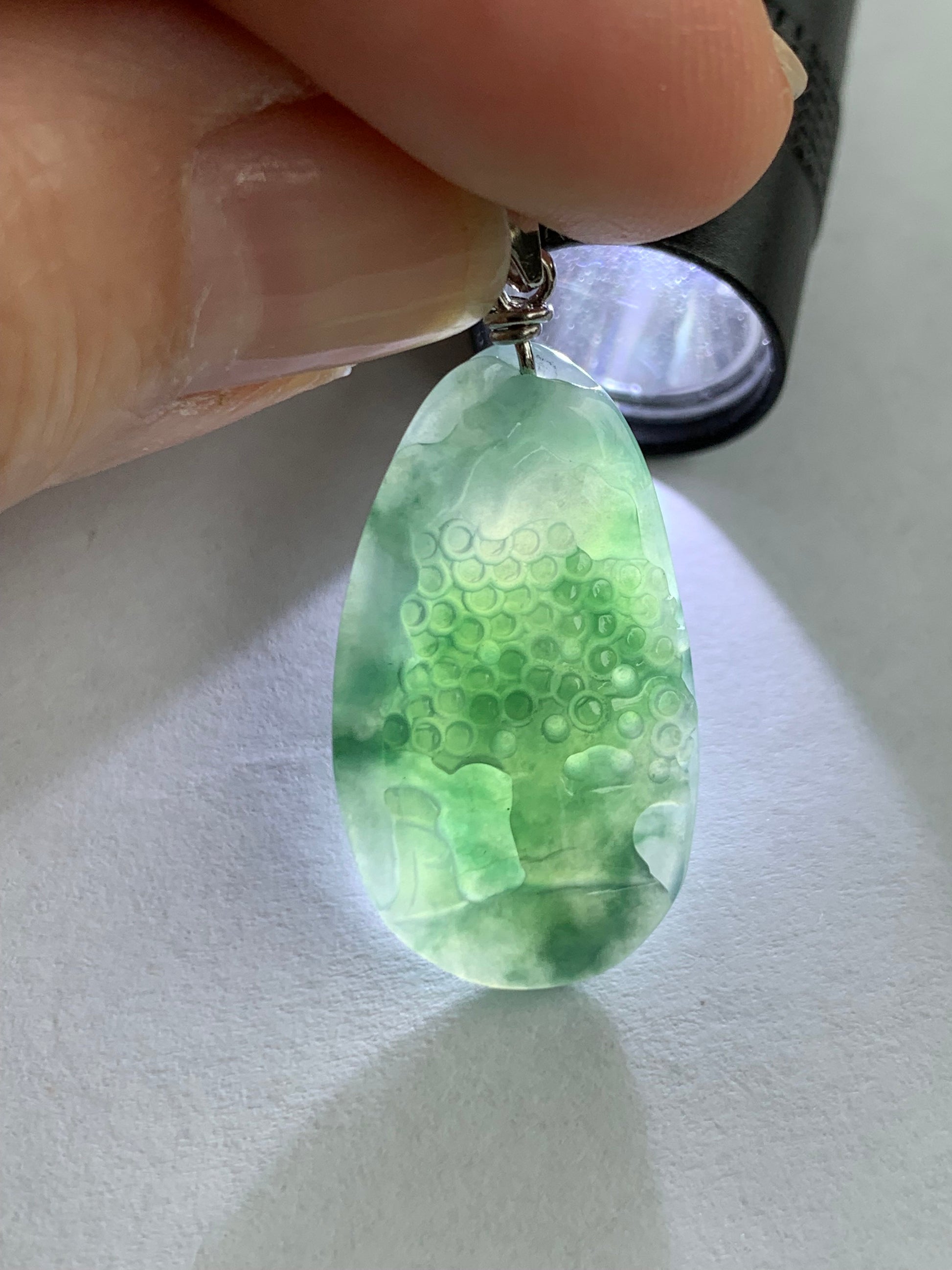 Natural Burmese Icy Translucent Gelatinous Teal Green Marbled Jadeite Shan Shui Pai Landscape Pendant Sterling Silver 4g 天然缅甸冰胶飘花翡翠山水牌吊坠