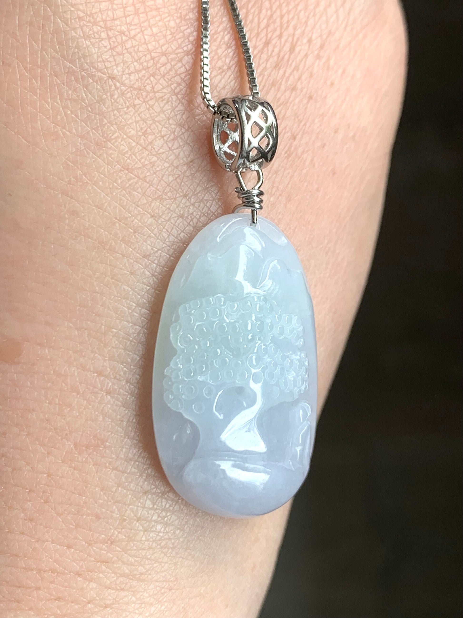 Natural Burmese Icy Translucent Gelatinous Spring Colored Jadeite Shan Shui Pai Landscape Pendant Sterling Silver 8g 天然缅甸冰胶淡春彩翡翠山水牌吊坠