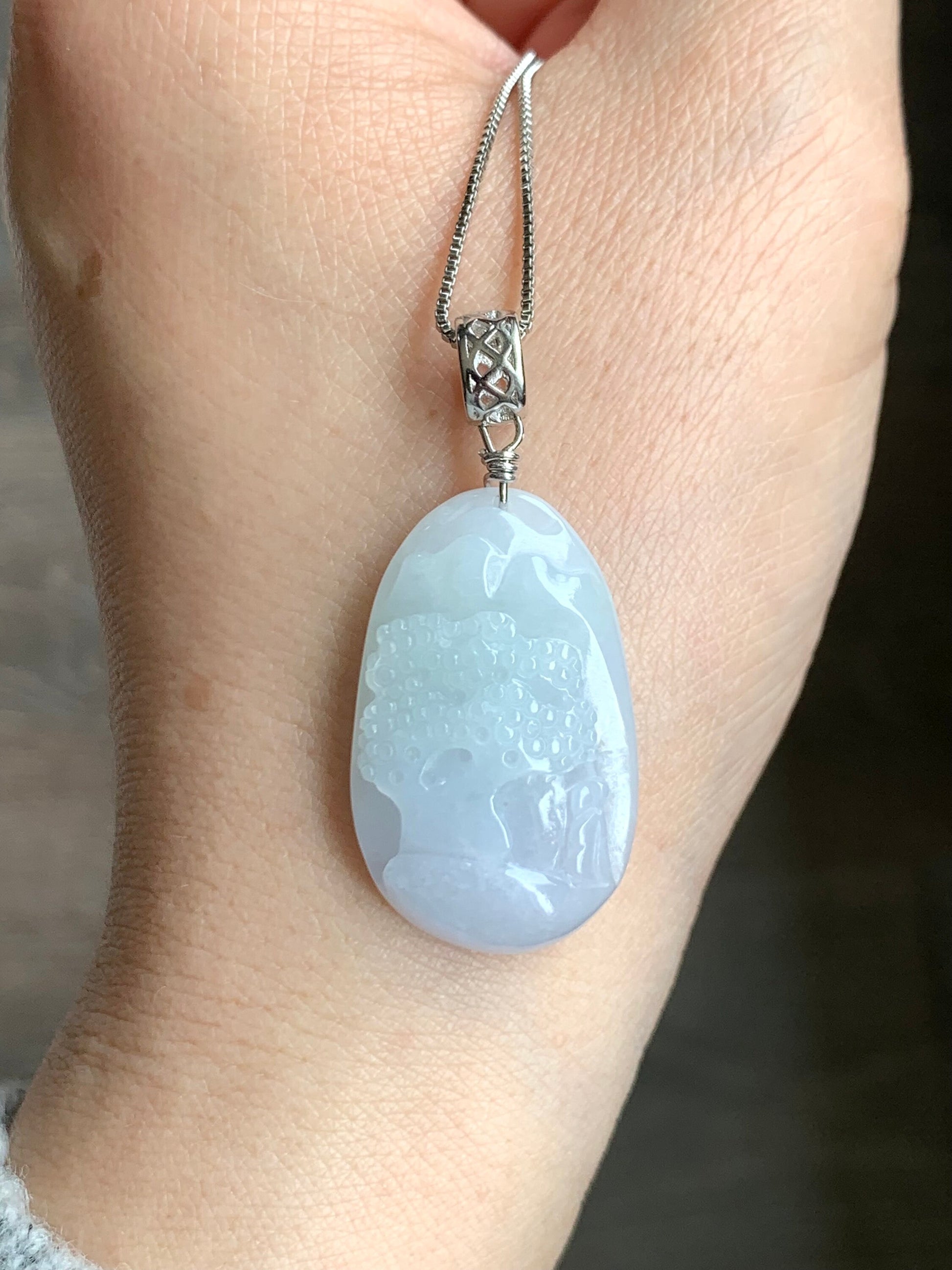 Natural Burmese Icy Translucent Gelatinous Spring Colored Jadeite Shan Shui Pai Landscape Pendant Sterling Silver 8g 天然缅甸冰胶淡春彩翡翠山水牌吊坠