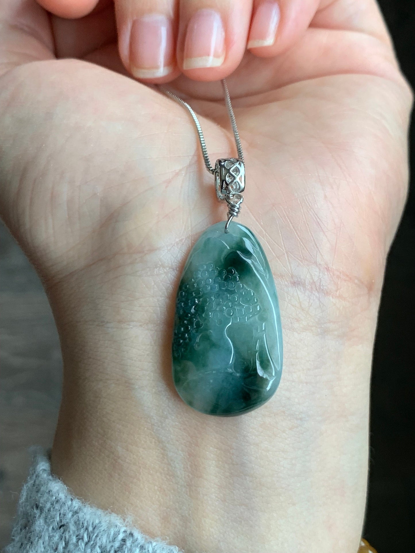 Natural Burmese Icy Translucent Gelatinous Dark Teal Green Marbled Jadeite Shan Shui Landscape Pendant Sterling Silver 6g 天然缅甸冰胶飘花翡翠山水牌吊坠