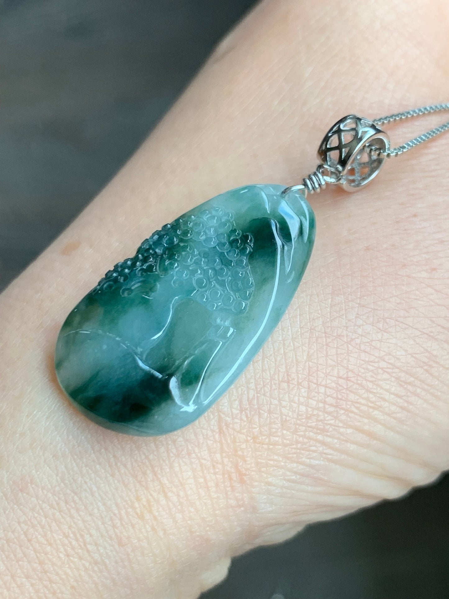 Natural Burmese Icy Translucent Gelatinous Dark Teal Green Marbled Jadeite Shan Shui Landscape Pendant Sterling Silver 6g 天然缅甸冰胶飘花翡翠山水牌吊坠