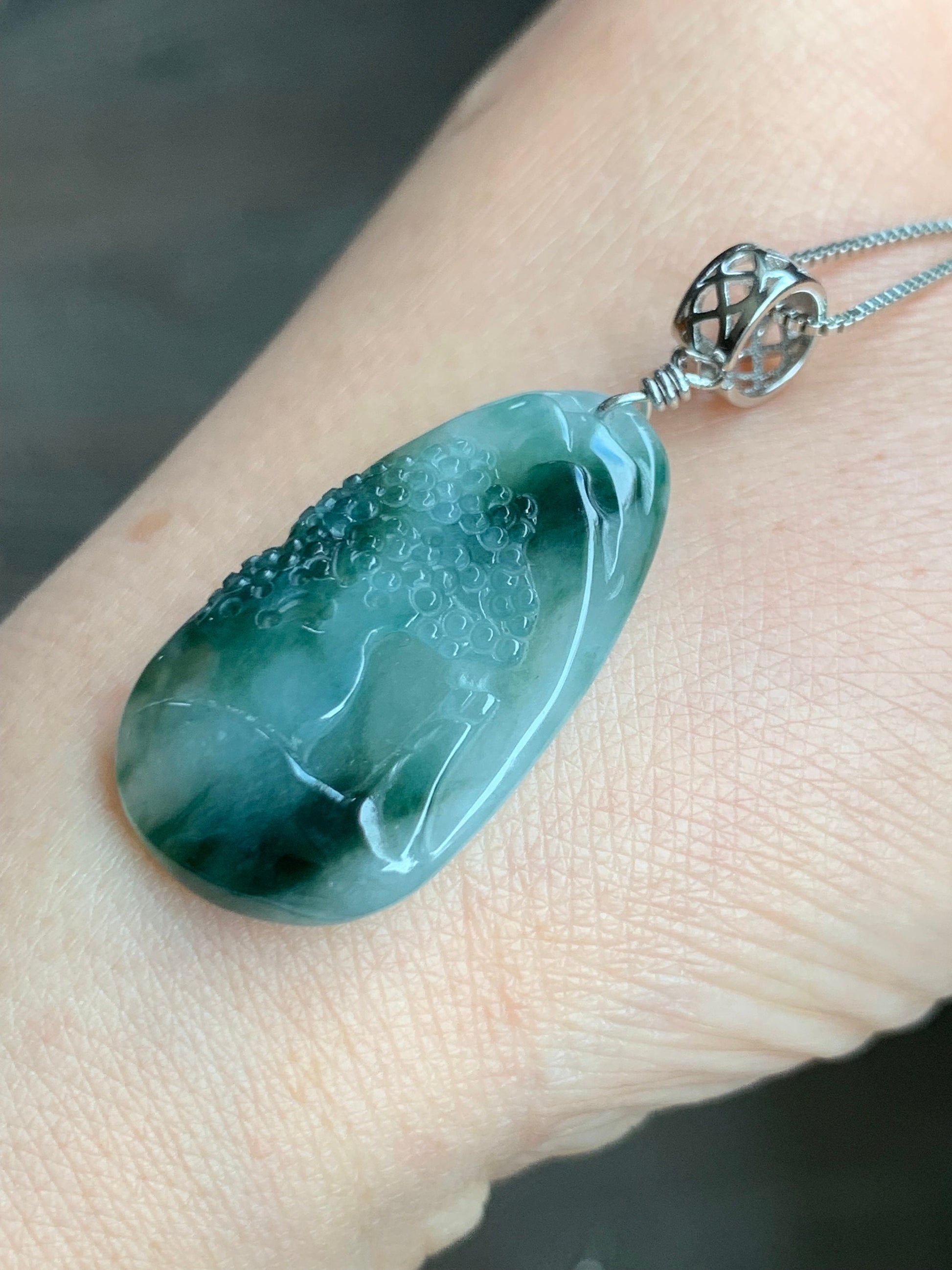 Natural Burmese Icy Translucent Gelatinous Dark Teal Green Marbled Jadeite Shan Shui Landscape Pendant Sterling Silver 6g 天然缅甸冰胶飘花翡翠山水牌吊坠