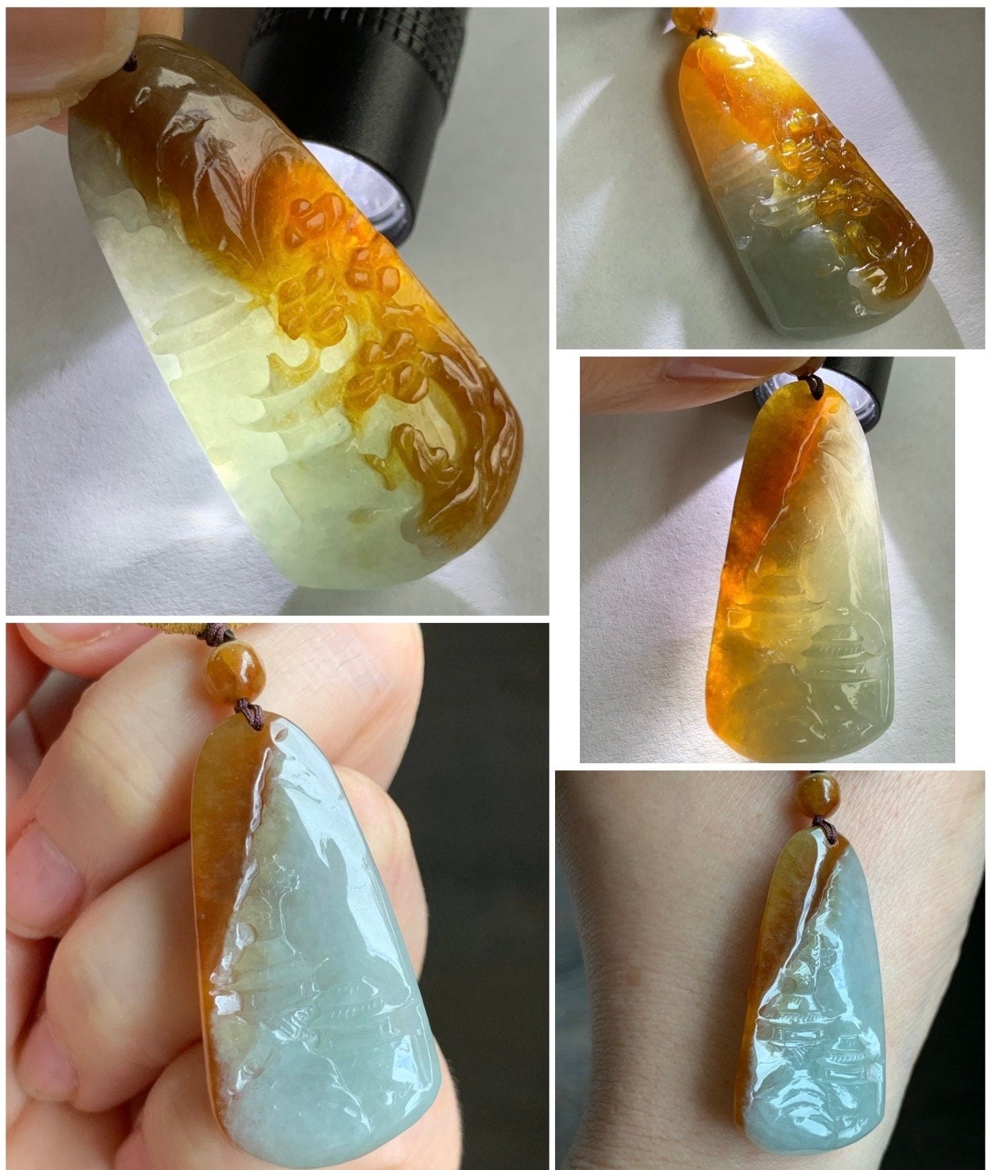 Natural Burmese Icy Translucent Intense Bicolored Red Yellow Jadeite Shan Shui Landscape Pendant Rope Necklace 26” 11g 天然缅甸半山半水红黄翡翠山水牌吊坠