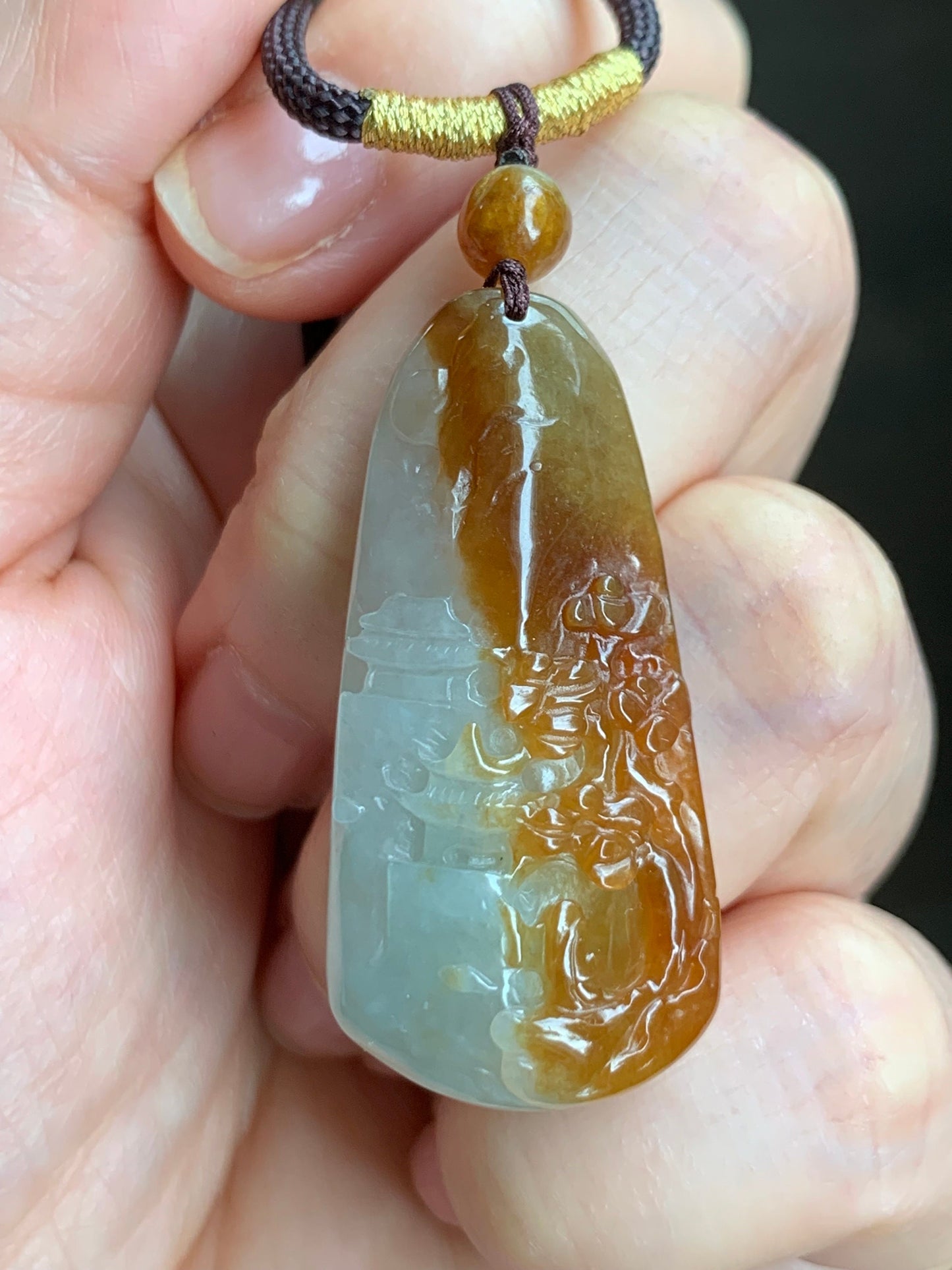 Natural Burmese Icy Translucent Intense Bicolored Red Yellow Jadeite Shan Shui Landscape Pendant Rope Necklace 26” 11g 天然缅甸半山半水红黄翡翠山水牌吊坠