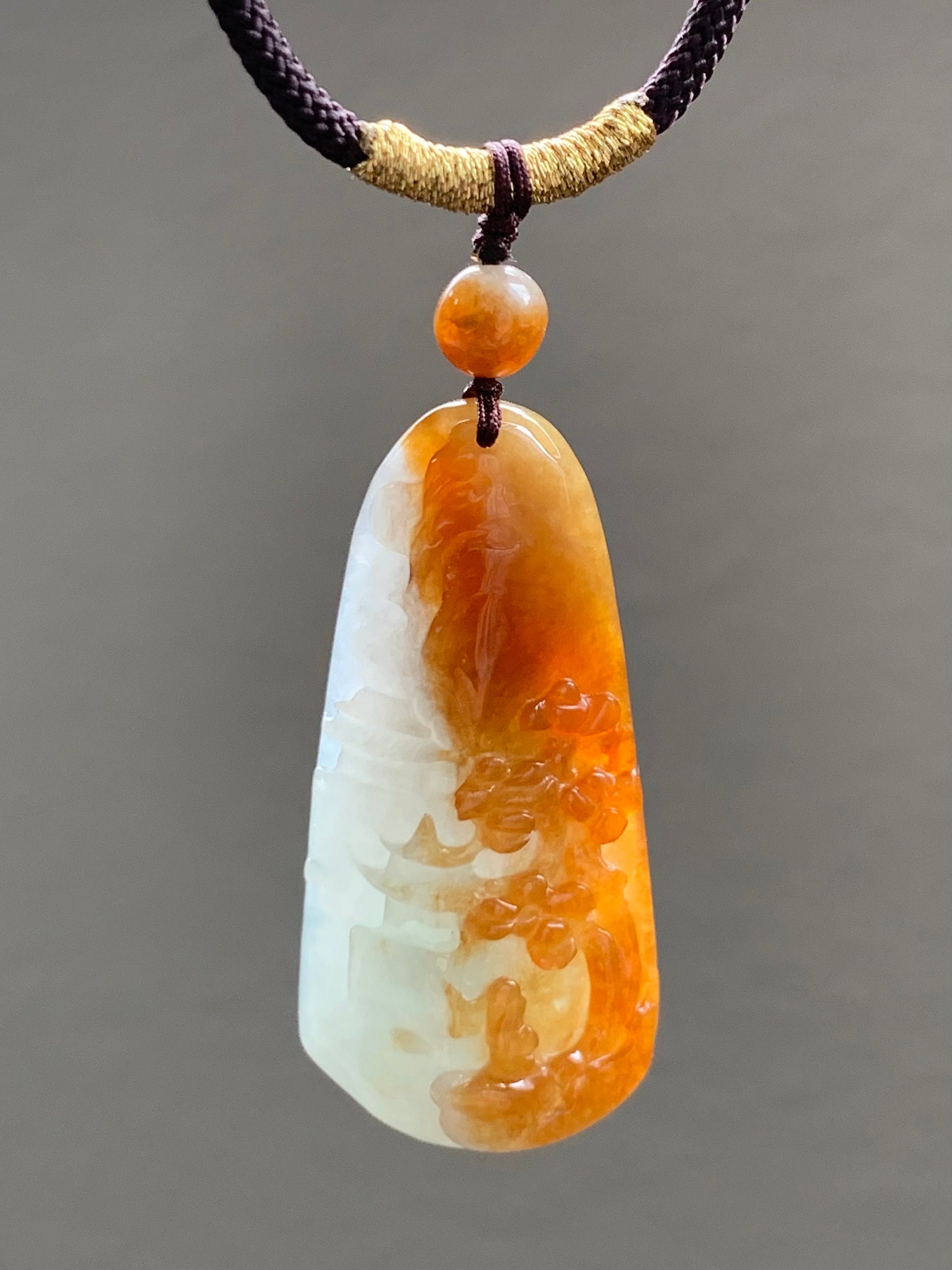 Natural Burmese Icy Translucent Intense Bicolored Red Yellow Jadeite Shan Shui Landscape Pendant Rope Necklace 26” 11g 天然缅甸半山半水红黄翡翠山水牌吊坠