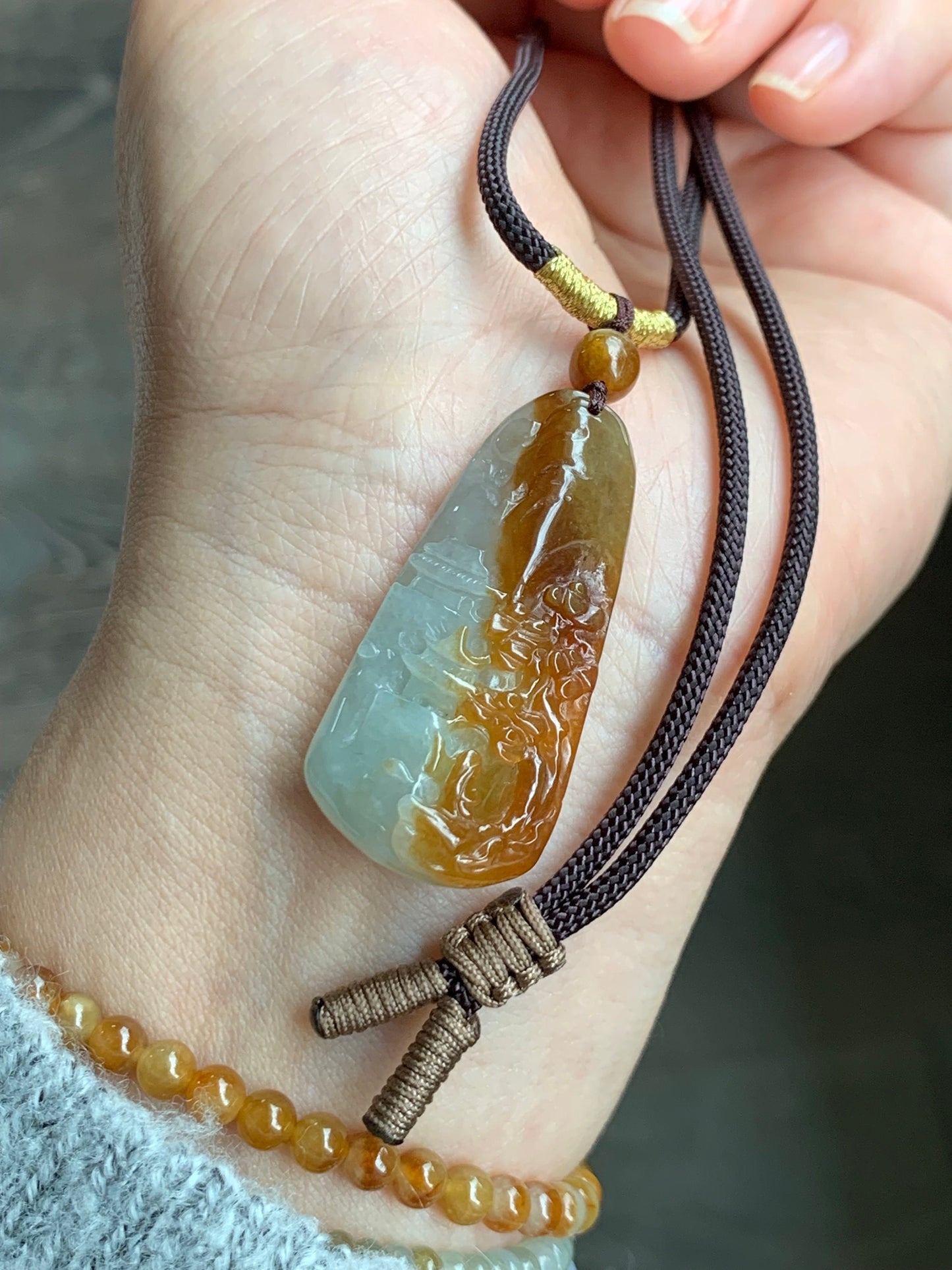 Natural Burmese Icy Translucent Intense Bicolored Red Yellow Jadeite Shan Shui Landscape Pendant Rope Necklace 26” 11g 天然缅甸半山半水红黄翡翠山水牌吊坠