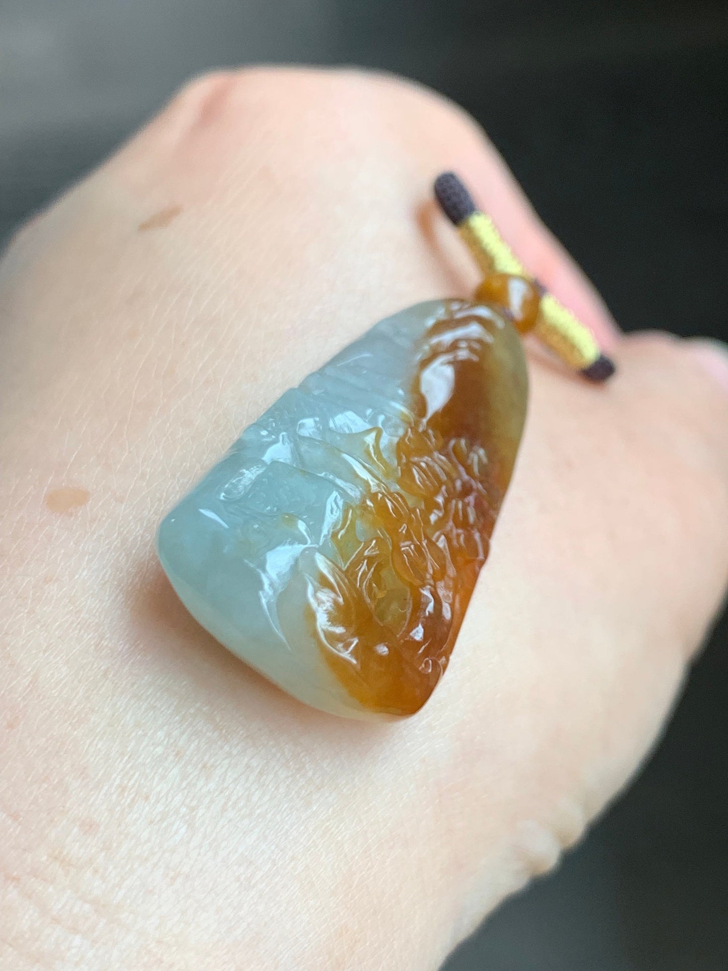Natural Burmese Icy Translucent Intense Bicolored Red Yellow Jadeite Shan Shui Landscape Pendant Rope Necklace 26” 11g 天然缅甸半山半水红黄翡翠山水牌吊坠
