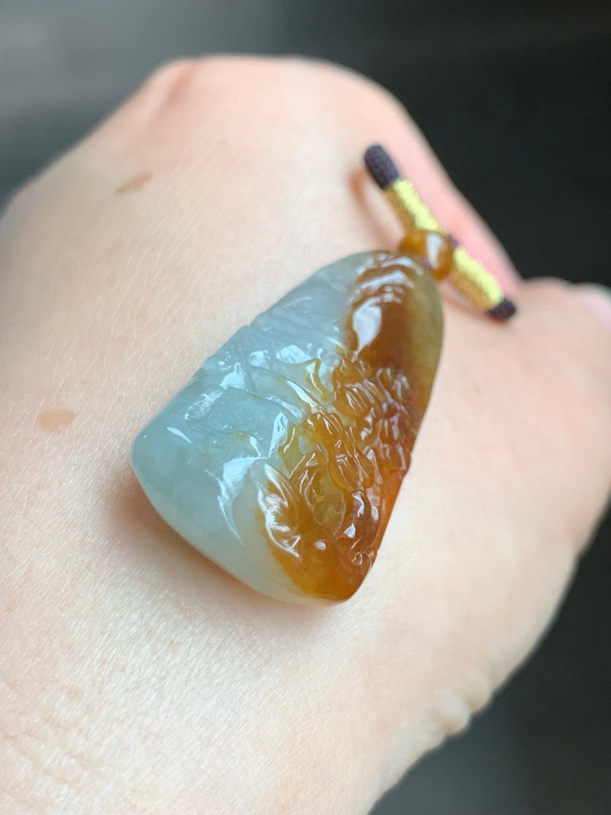 Natural Burmese Icy Translucent Intense Bicolored Red Yellow Jadeite Shan Shui Landscape Pendant Rope Necklace 26” 11g 天然缅甸半山半水红黄翡翠山水牌吊坠