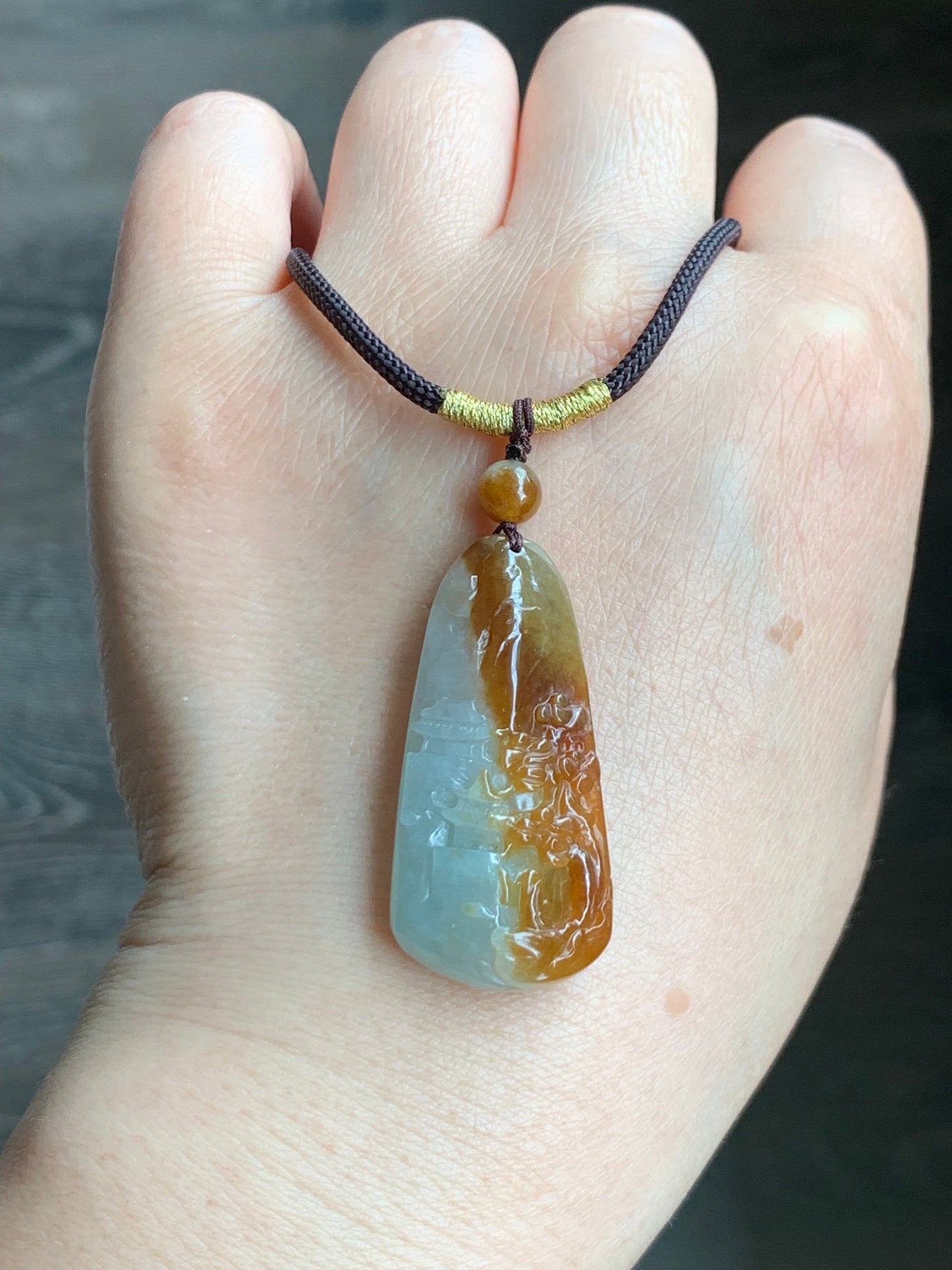 Natural Burmese Icy Translucent Intense Bicolored Red Yellow Jadeite Shan Shui Landscape Pendant Rope Necklace 26” 11g 天然缅甸半山半水红黄翡翠山水牌吊坠