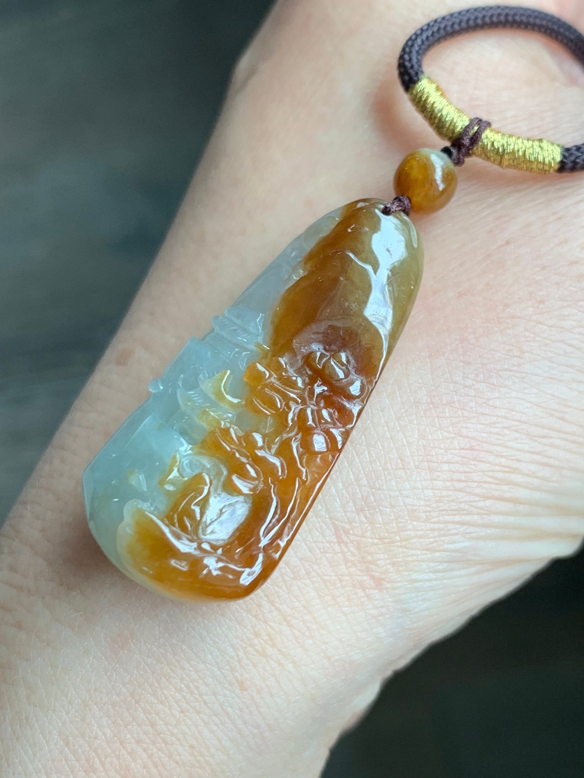 Natural Burmese Icy Translucent Intense Bicolored Red Yellow Jadeite Shan Shui Landscape Pendant Rope Necklace 26” 11g 天然缅甸半山半水红黄翡翠山水牌吊坠