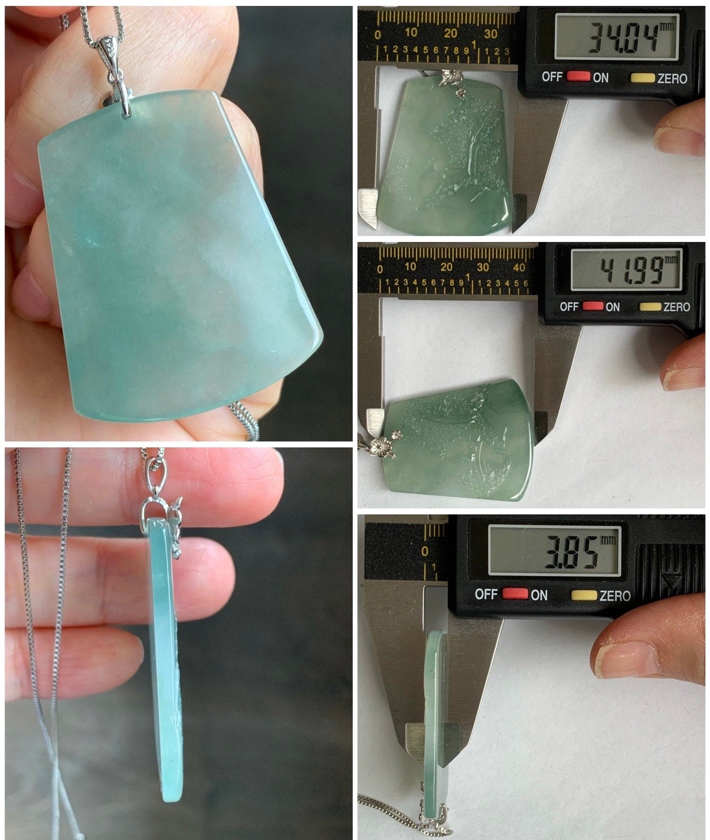 LARGE Natural Burmese Icy Translucent Gelatinous Light Green Jadeite Carved Shan Shui Pai Landscape Pendant Sterling Silver 天然缅甸冰晴翡翠精工雕山水牌
