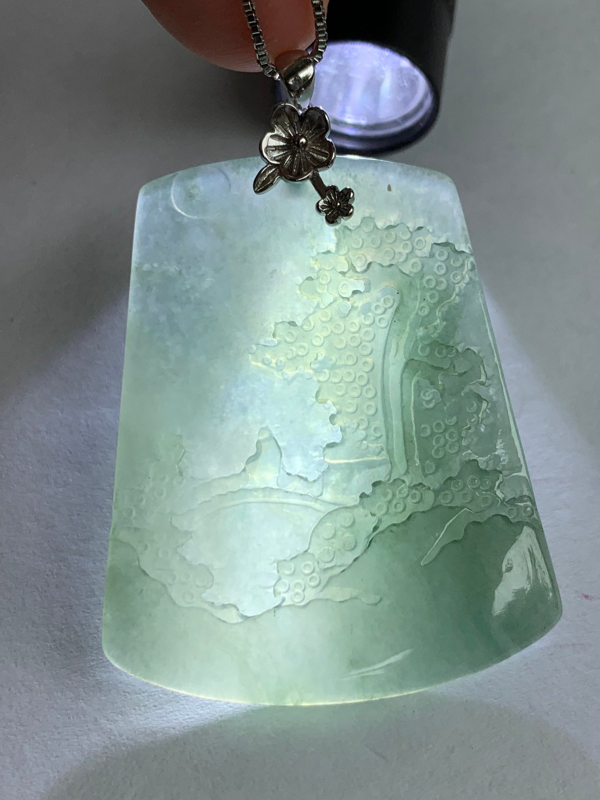 LARGE Natural Burmese Icy Translucent Gelatinous Light Green Jadeite Carved Shan Shui Pai Landscape Pendant Sterling Silver 天然缅甸冰晴翡翠精工雕山水牌