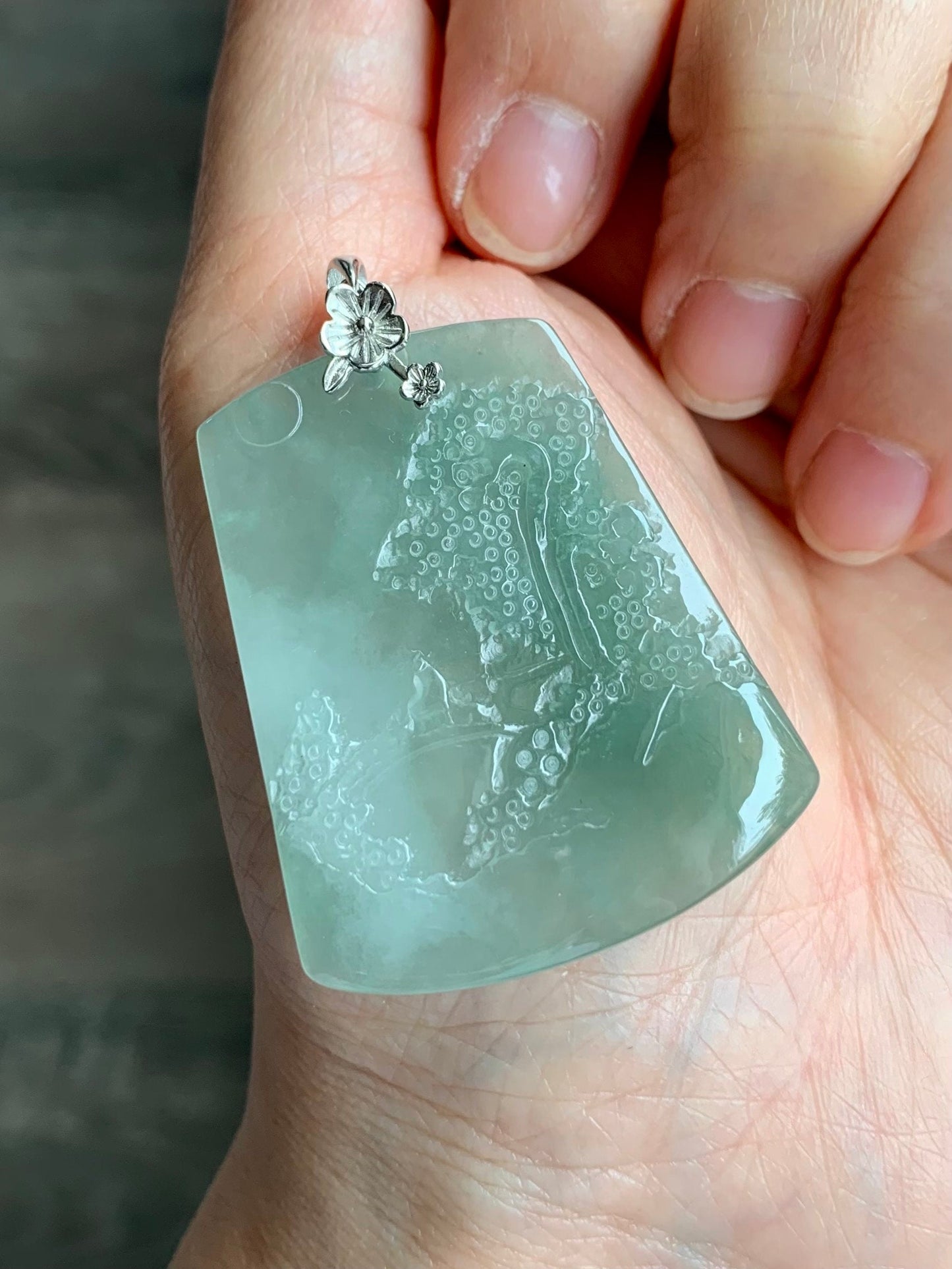LARGE Natural Burmese Icy Translucent Gelatinous Light Green Jadeite Carved Shan Shui Pai Landscape Pendant Sterling Silver 天然缅甸冰晴翡翠精工雕山水牌