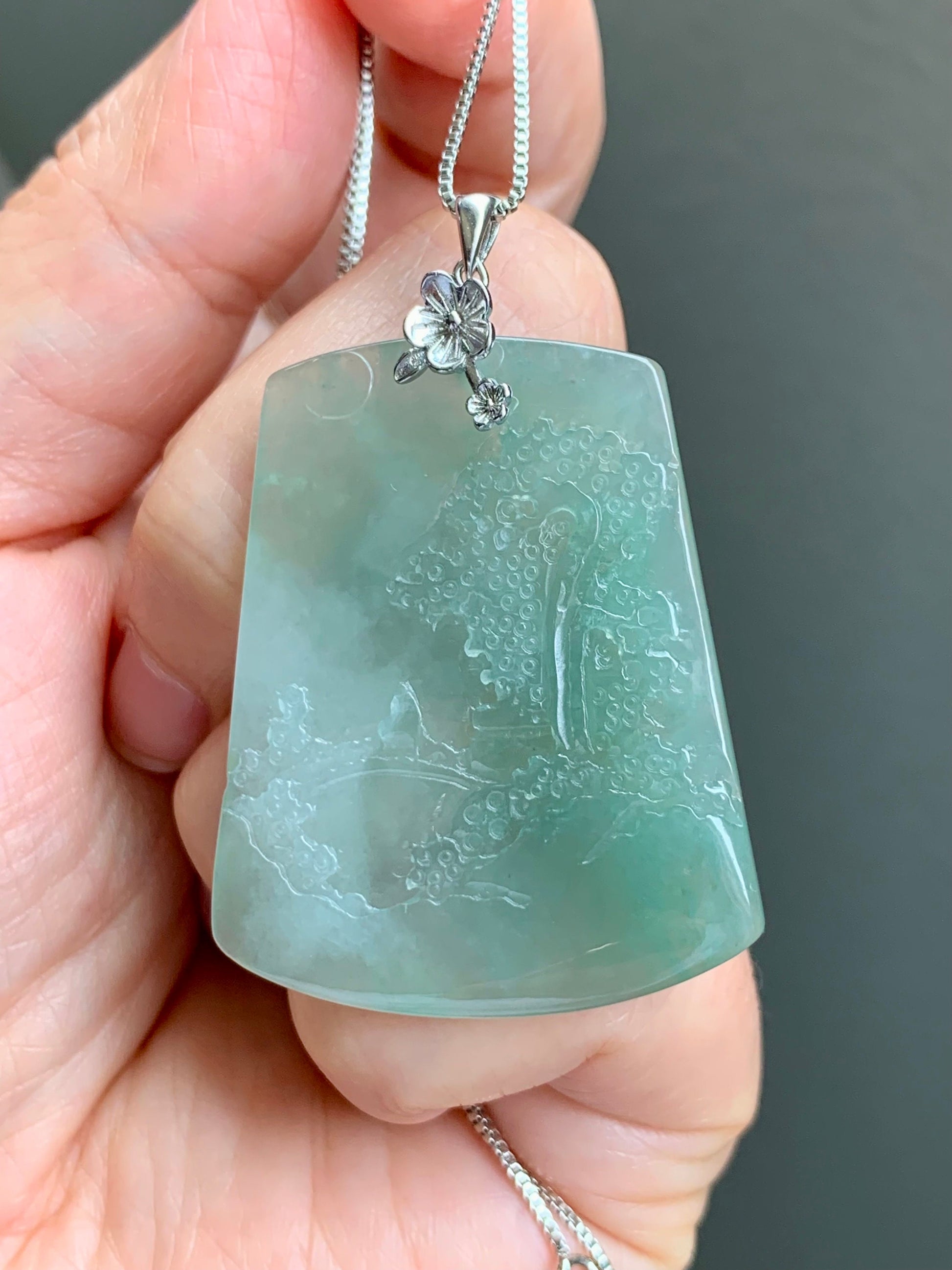 LARGE Natural Burmese Icy Translucent Gelatinous Light Green Jadeite Carved Shan Shui Pai Landscape Pendant Sterling Silver 天然缅甸冰晴翡翠精工雕山水牌