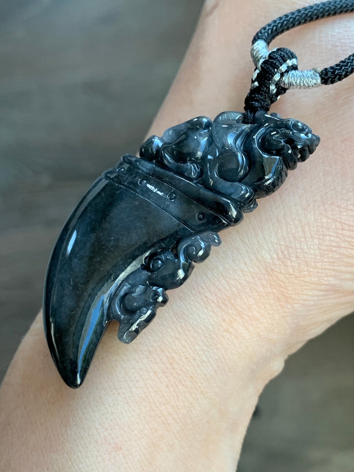 Natural Burmese Semi Translucent Dark Wuji Jadeite Carved Pixiu Tooth Pendant Rope Necklace 26" Adjustable 21g 天然缅甸乌鸡翡翠貔貅牙吊坠