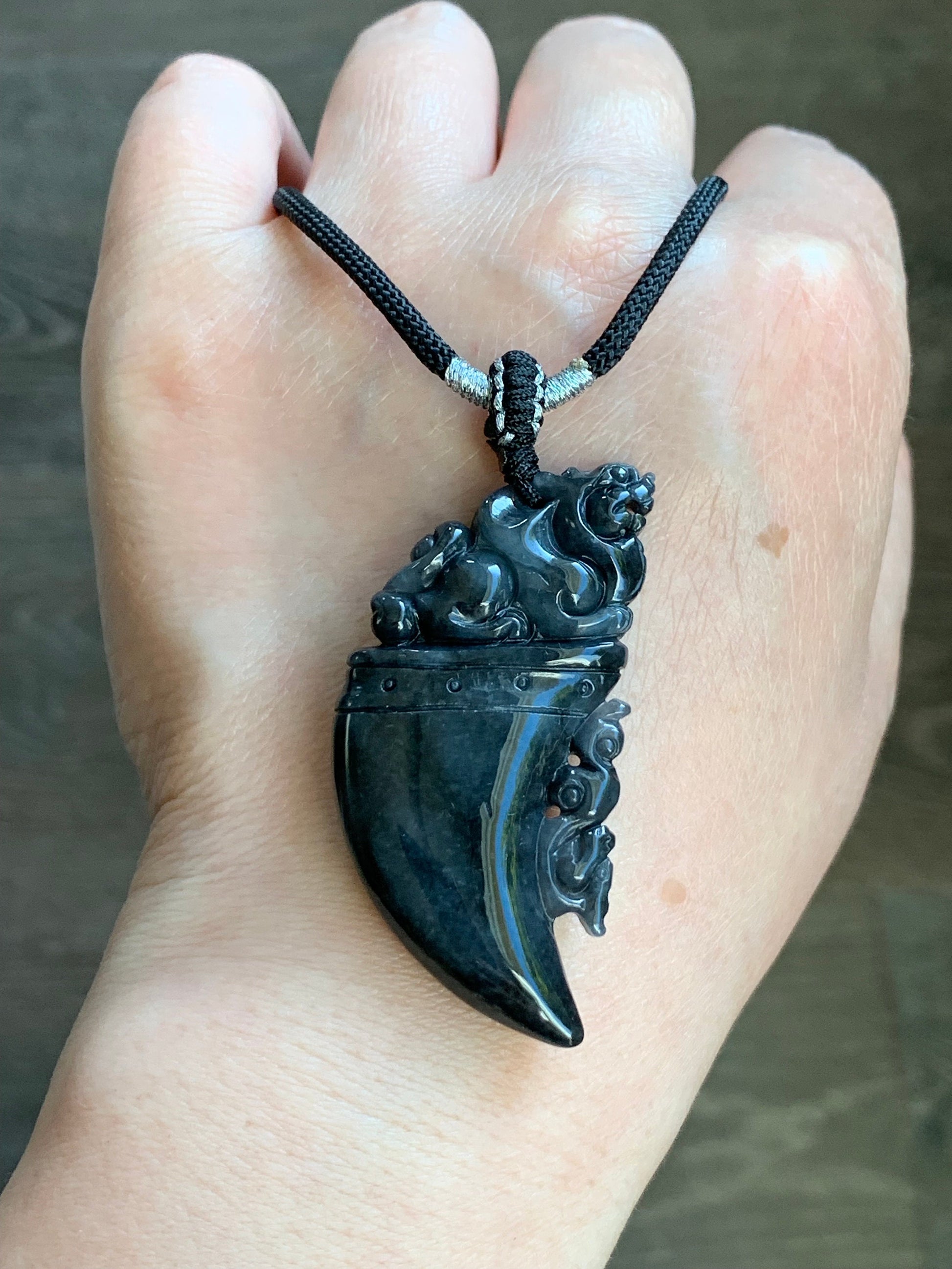 Natural Burmese Semi Translucent Dark Wuji Jadeite Carved Pixiu Tooth Pendant Rope Necklace 26" Adjustable 21g 天然缅甸乌鸡翡翠貔貅牙吊坠