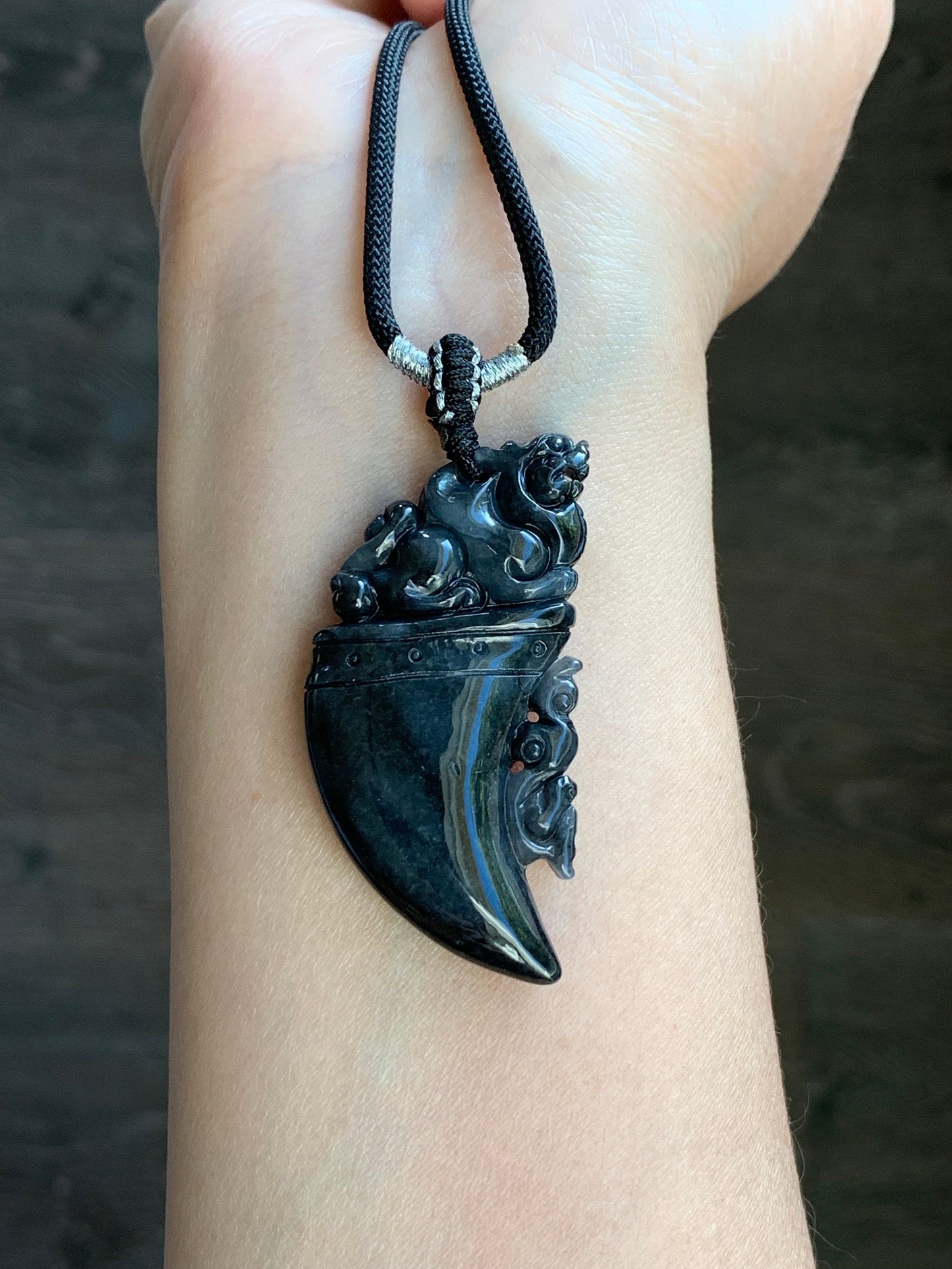 Natural Burmese Semi Translucent Dark Wuji Jadeite Carved Pixiu Tooth Pendant Rope Necklace 26" Adjustable 21g 天然缅甸乌鸡翡翠貔貅牙吊坠