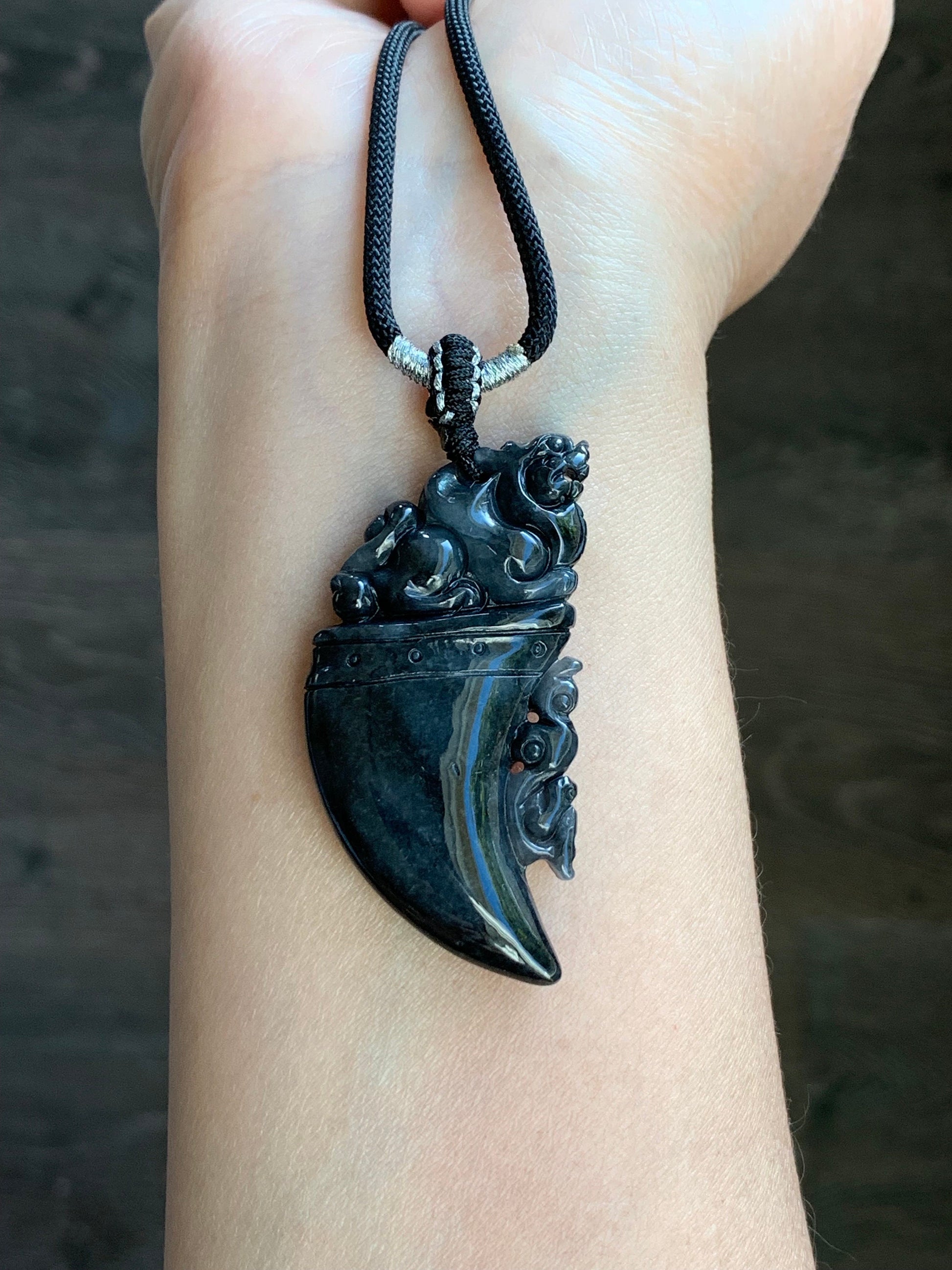 Natural Burmese Semi Translucent Dark Wuji Jadeite Carved Pixiu Tooth Pendant Rope Necklace 26" Adjustable 21g 天然缅甸乌鸡翡翠貔貅牙吊坠