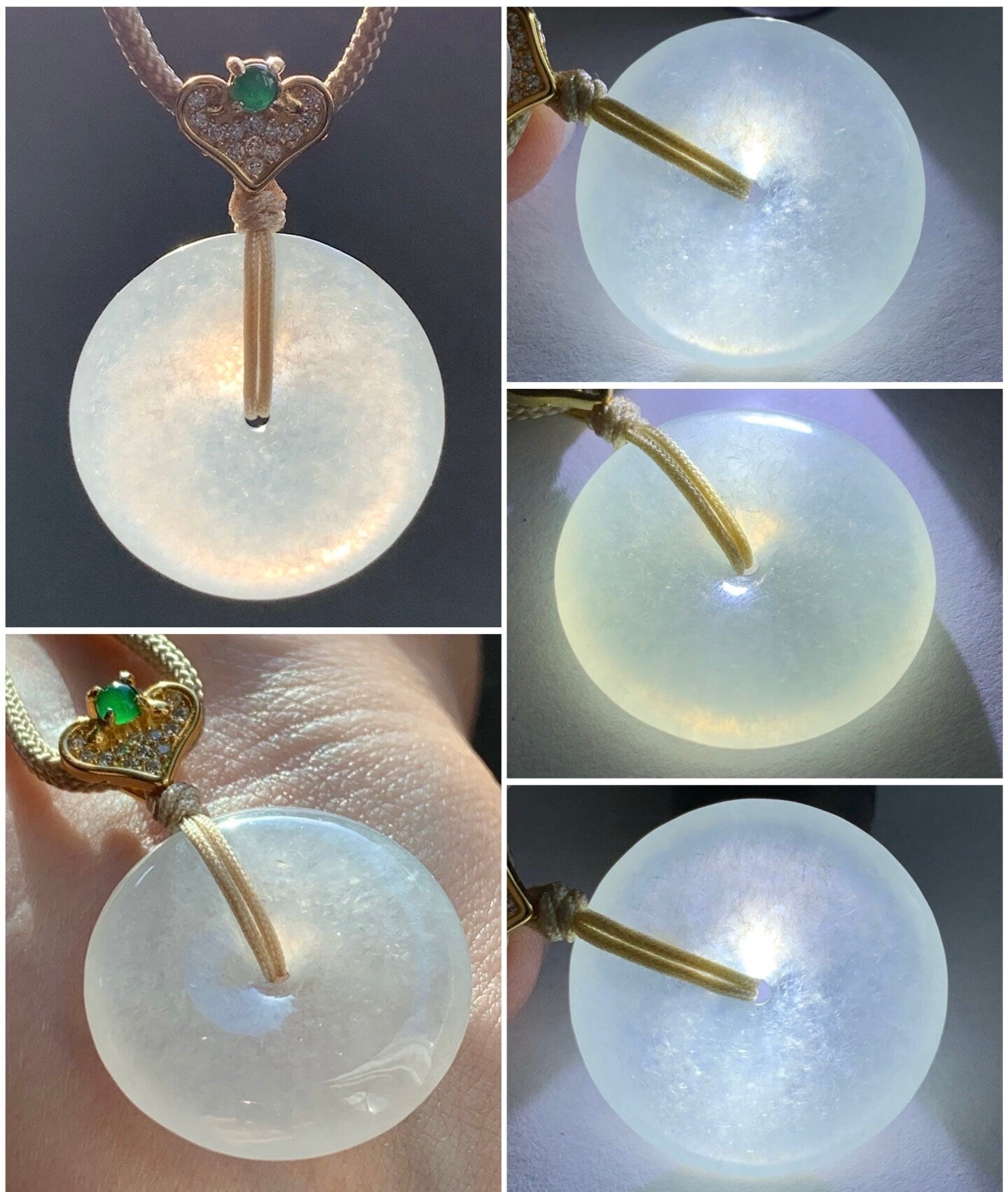 Certified Natural Burmese Icy Highly Translucent White Jadeite Ping An Kou Donut Vibrant Green Jadeite Pendant Necklace 天然缅甸正白冰起光翡翠平安扣危绿翡翠吊坠