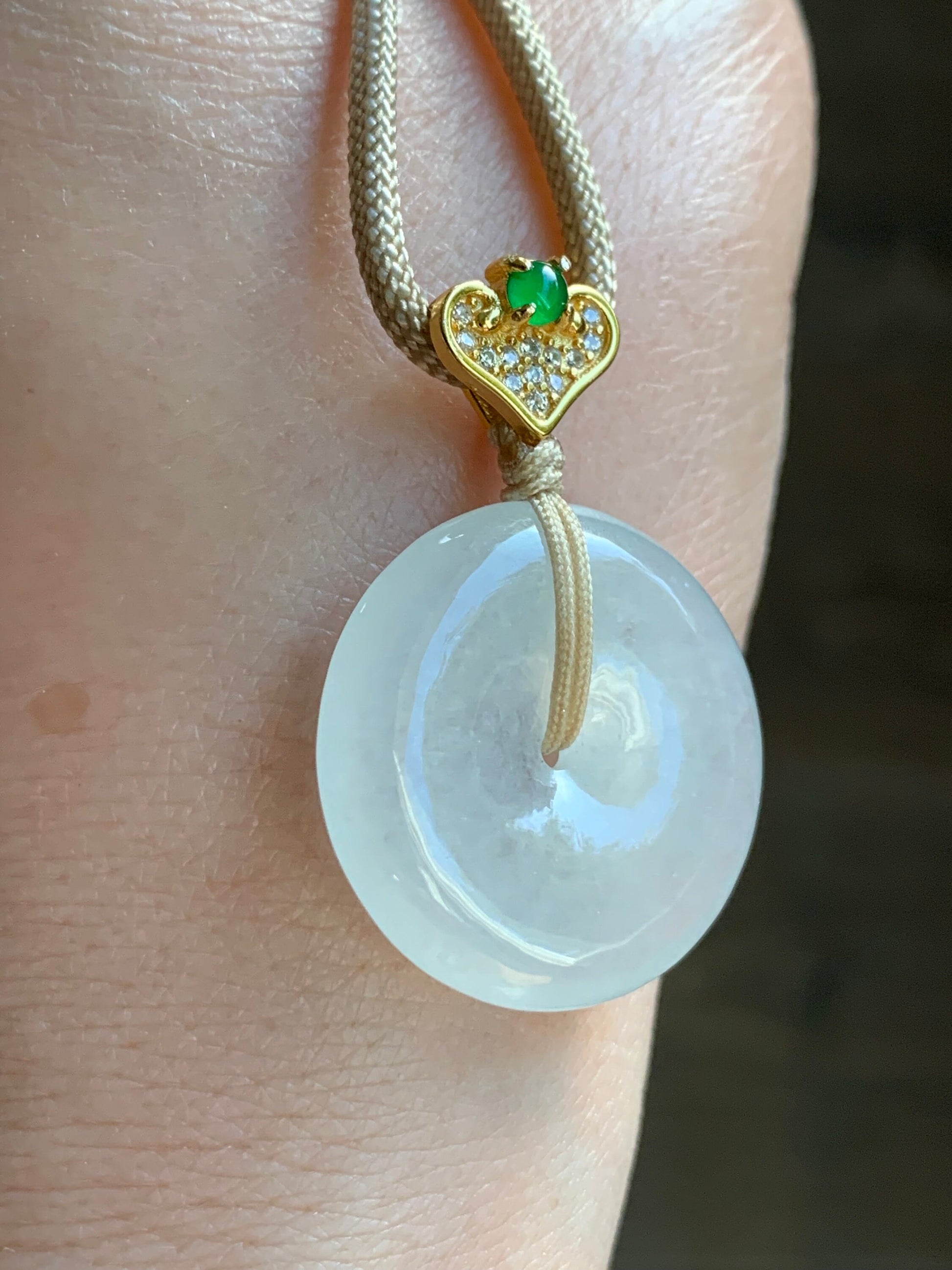 Certified Natural Burmese Icy Highly Translucent White Jadeite Ping An Kou Donut Vibrant Green Jadeite Pendant Necklace 天然缅甸正白冰起光翡翠平安扣危绿翡翠吊坠