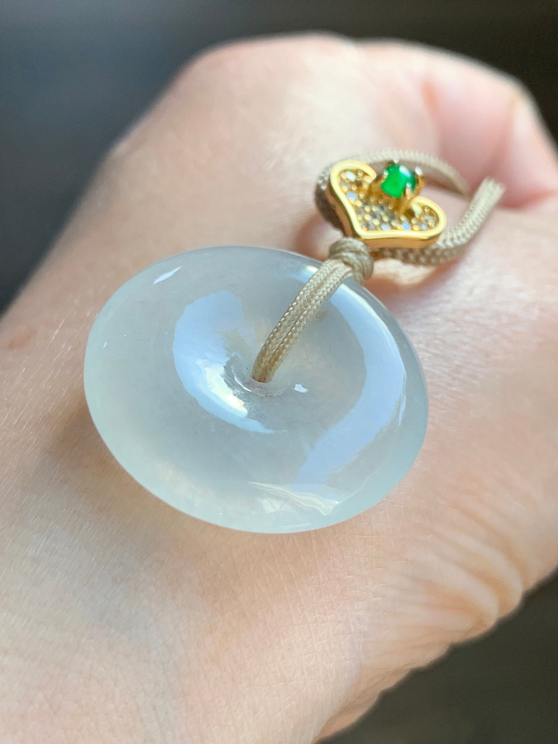 Certified Natural Burmese Icy Highly Translucent White Jadeite Ping An Kou Donut Vibrant Green Jadeite Pendant Necklace 天然缅甸正白冰起光翡翠平安扣危绿翡翠吊坠