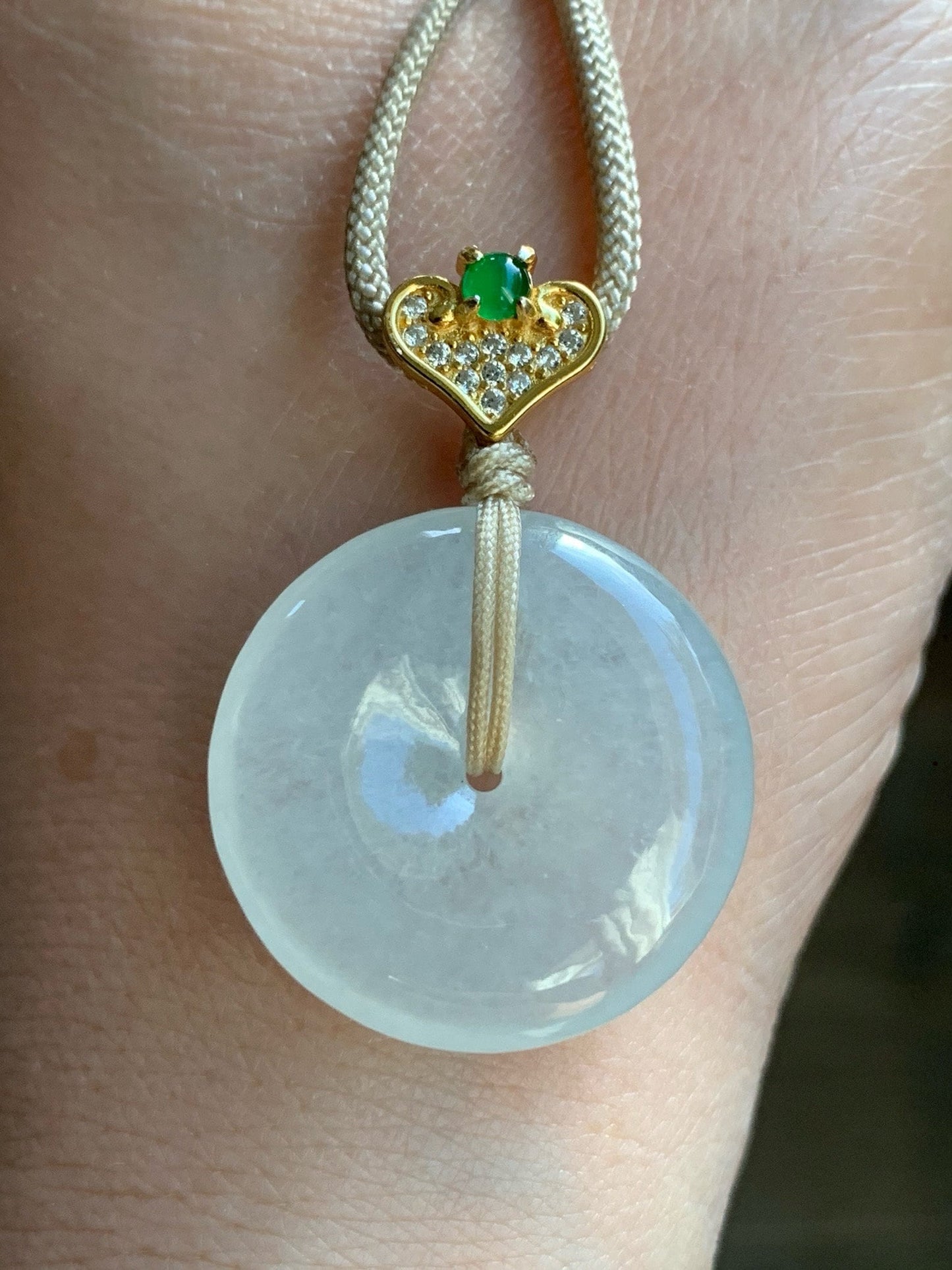 Certified Natural Burmese Icy Highly Translucent White Jadeite Ping An Kou Donut Vibrant Green Jadeite Pendant Necklace 天然缅甸正白冰起光翡翠平安扣危绿翡翠吊坠