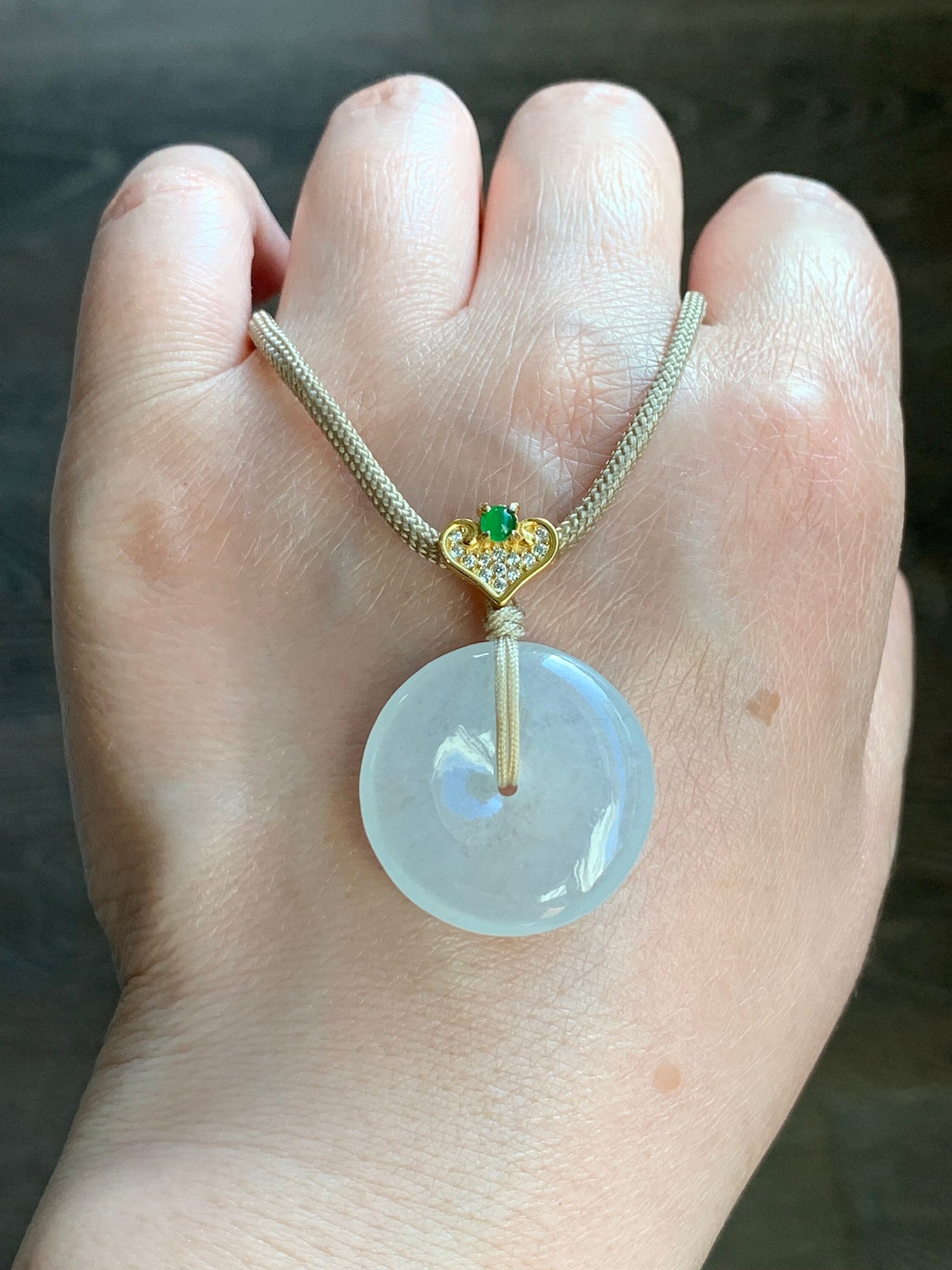 Certified Natural Burmese Icy Highly Translucent White Jadeite Ping An Kou Donut Vibrant Green Jadeite Pendant Necklace 天然缅甸正白冰起光翡翠平安扣危绿翡翠吊坠