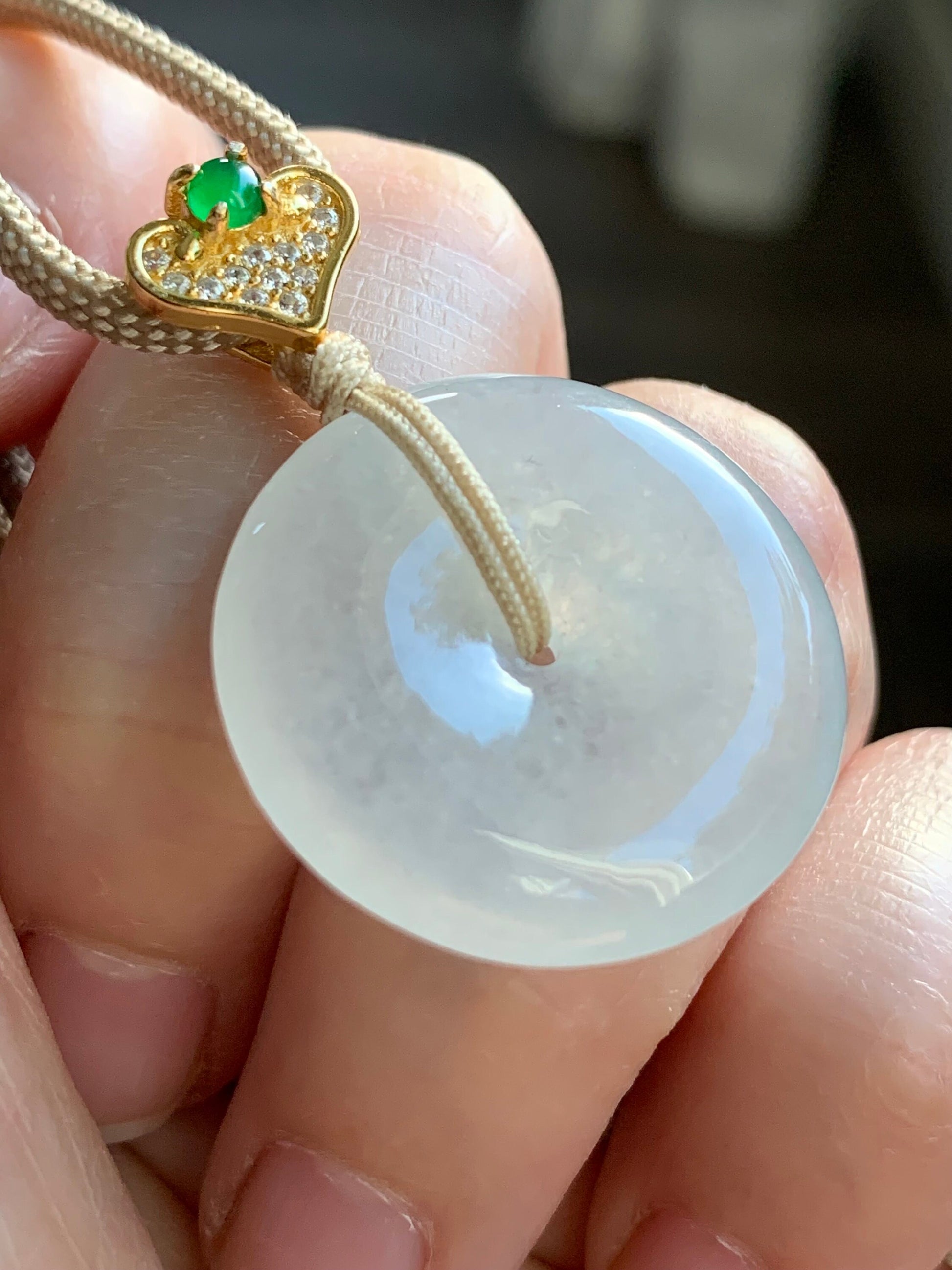 Certified Natural Burmese Icy Highly Translucent White Jadeite Ping An Kou Donut Vibrant Green Jadeite Pendant Necklace 天然缅甸正白冰起光翡翠平安扣危绿翡翠吊坠