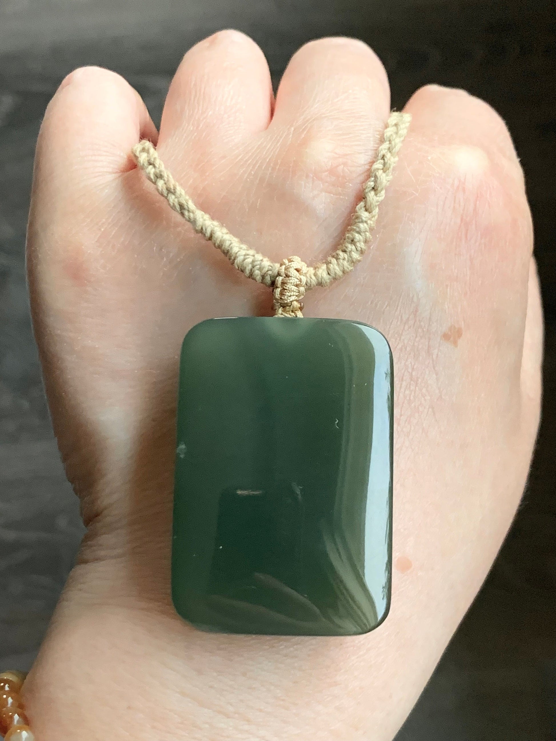 Natural Nephrite Hetian Jade Rectangle Wu Shi Pai Pendant Rope Necklace Icy Translucent Dark Tea Green Adjustable 24" 38g 天然和田玉无事牌项链 L