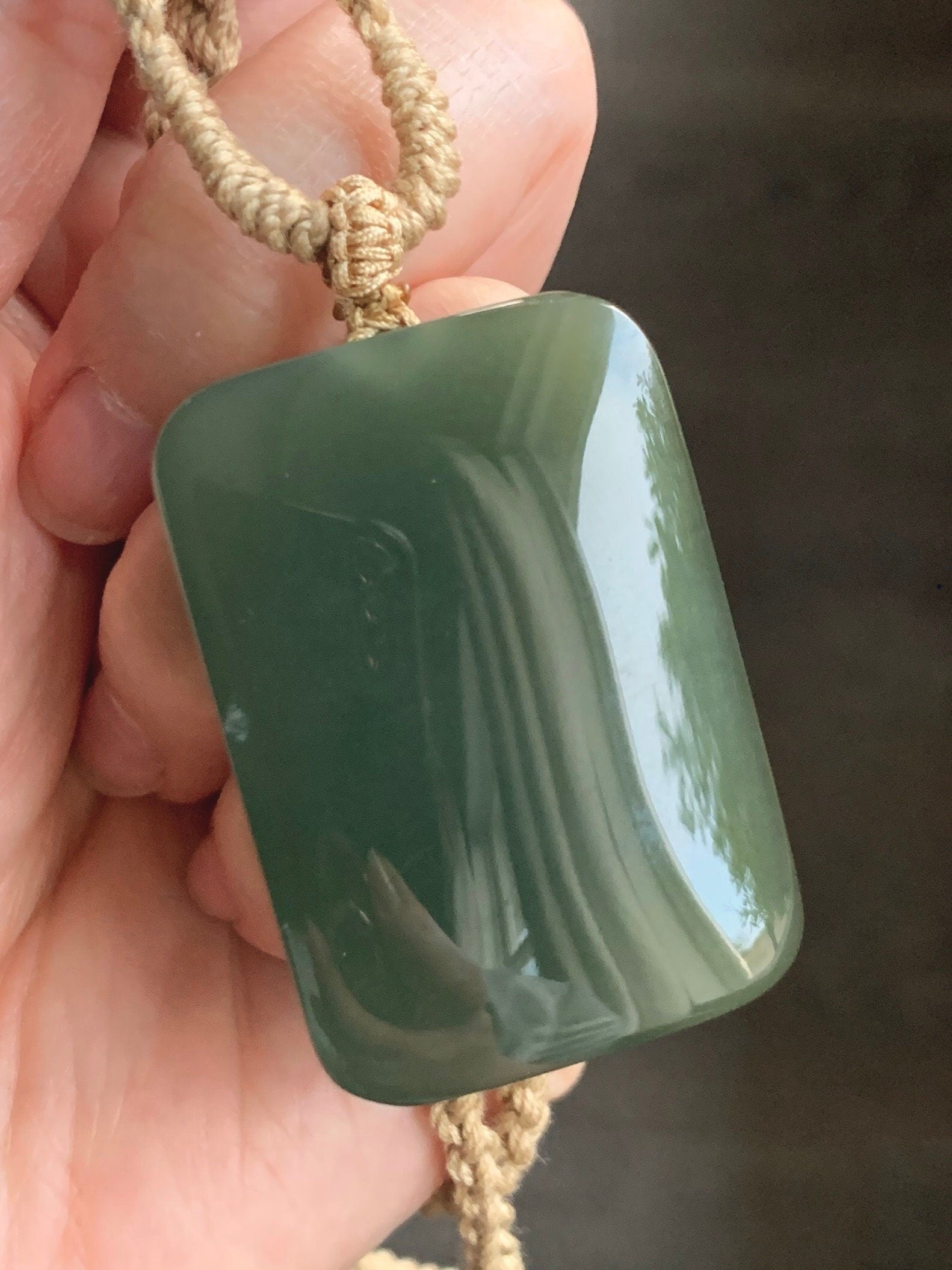 Natural Nephrite Hetian Jade Rectangle Wu Shi Pai Pendant Rope Necklace Icy Translucent Dark Tea Green Adjustable 24" 38g 天然和田玉无事牌项链 L