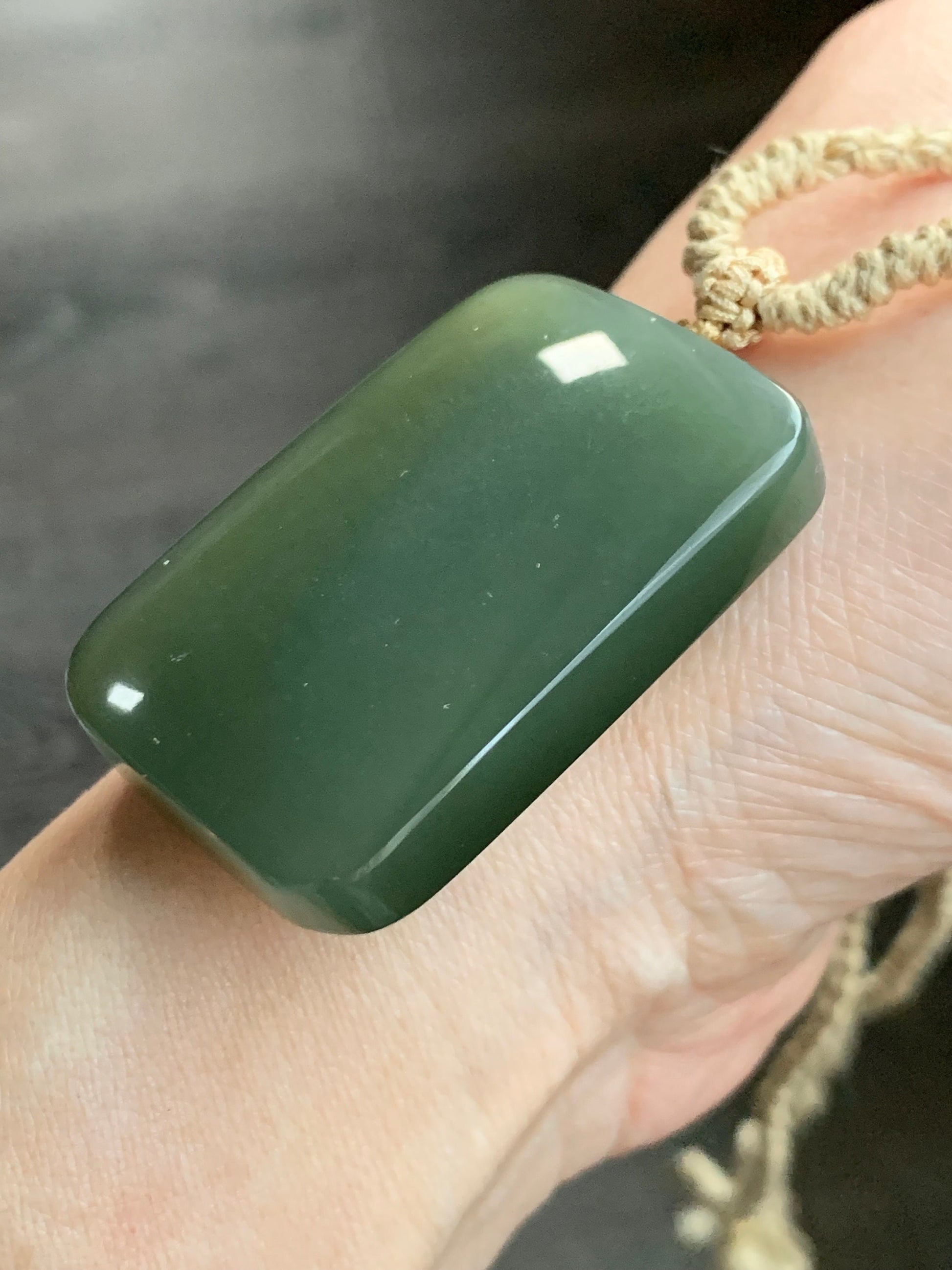 Natural Nephrite Hetian Jade Rectangle Wu Shi Pai Pendant Rope Necklace Icy Translucent Dark Tea Green Adjustable 24" 38g 天然和田玉无事牌项链 L