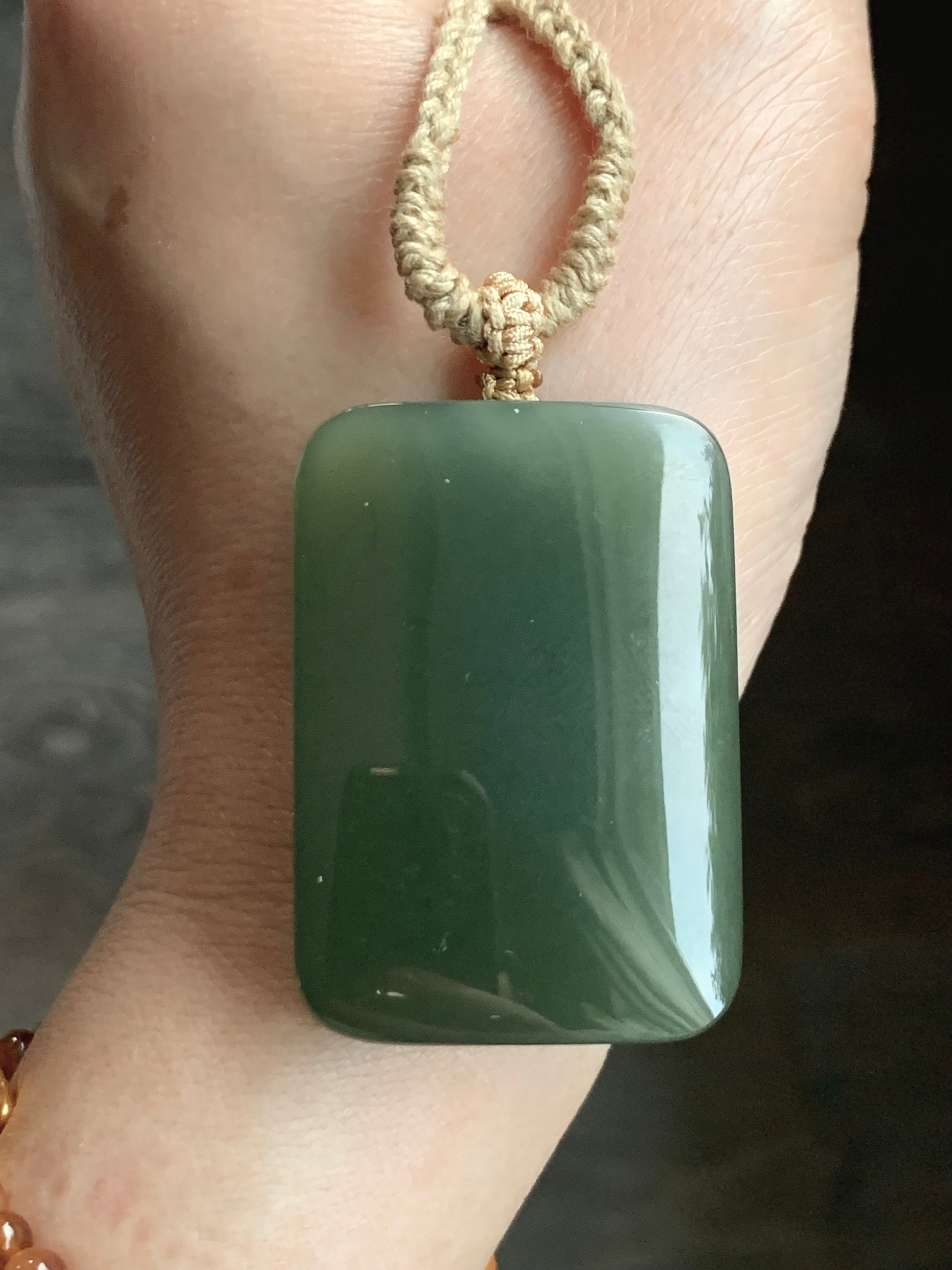 Natural Nephrite Hetian Jade Rectangle Wu Shi Pai Pendant Rope Necklace Icy Translucent Dark Tea Green Adjustable 24" 38g 天然和田玉无事牌项链 L