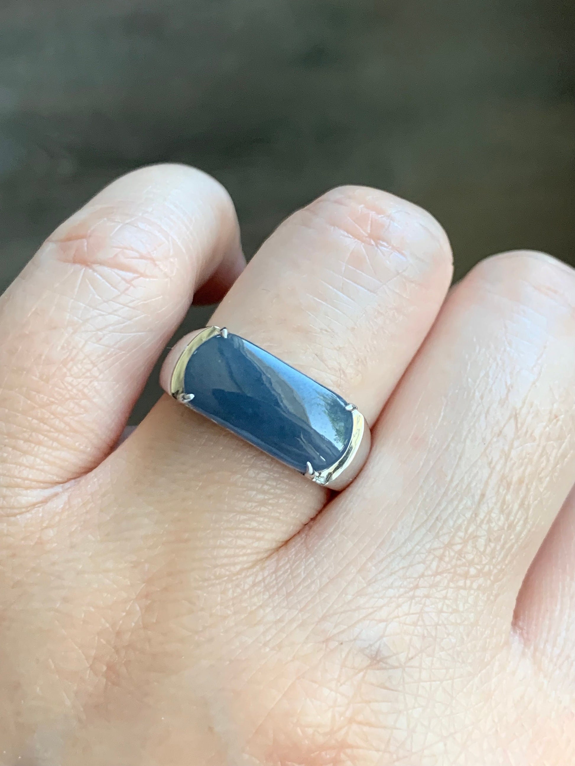 Certified Natural Guatemalan Intense Purplish Blue Jadeite Saddle Band Ring Size 8 Sterling Silver 9.13g 天然冰危浓蓝紫翡翠马鞍订制银镶戒指 1463