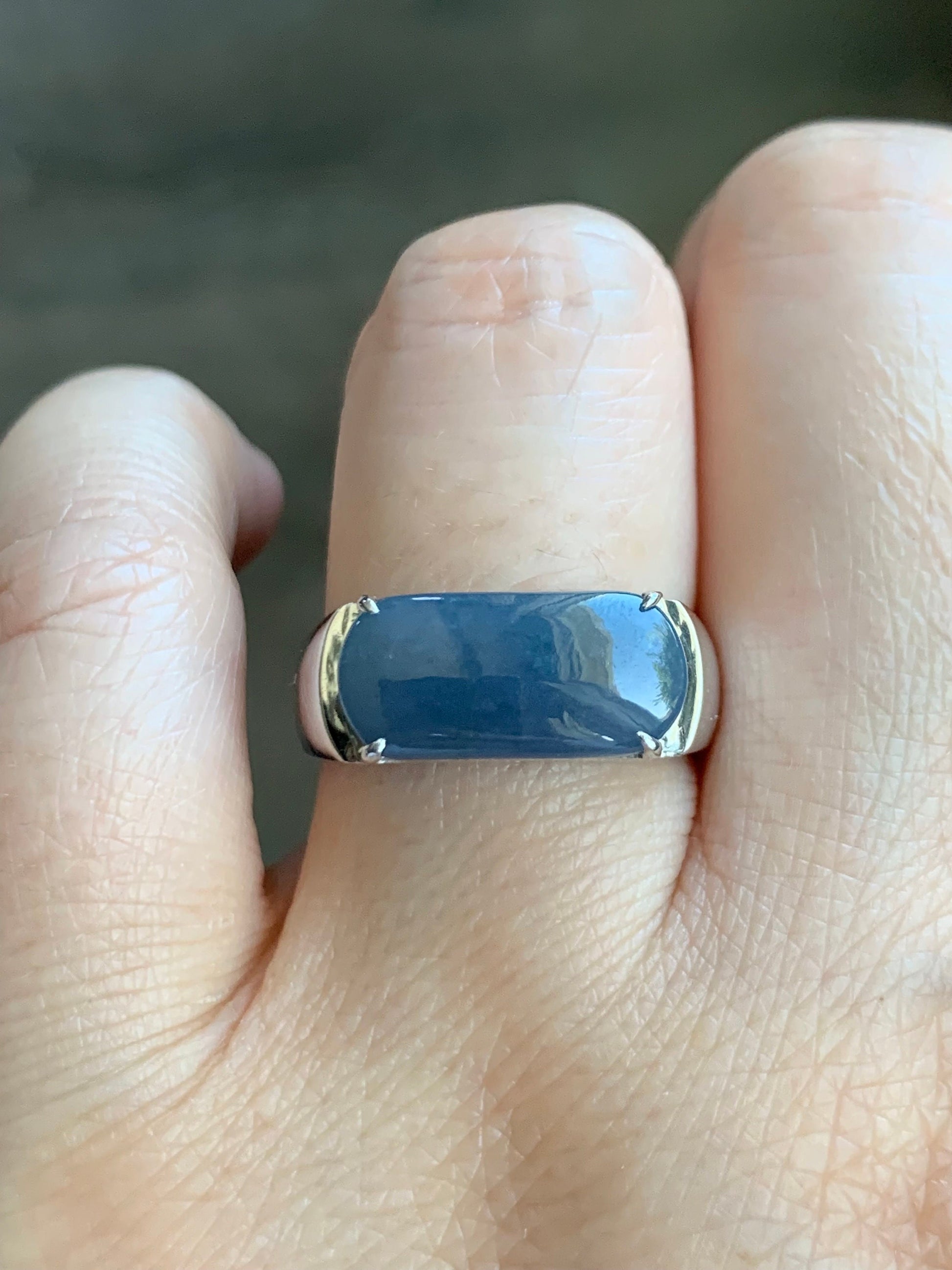 Certified Natural Guatemalan Intense Purplish Blue Jadeite Saddle Band Ring Size 8 Sterling Silver 9.13g 天然冰危浓蓝紫翡翠马鞍订制银镶戒指 1463