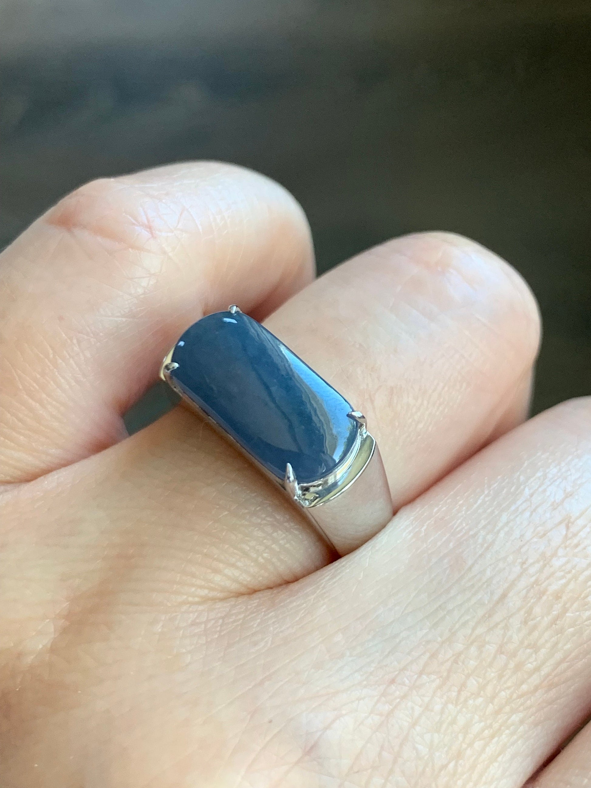 Certified Natural Guatemalan Intense Purplish Blue Jadeite Saddle Band Ring Size 8 Sterling Silver 9.13g 天然冰危浓蓝紫翡翠马鞍订制银镶戒指 1463