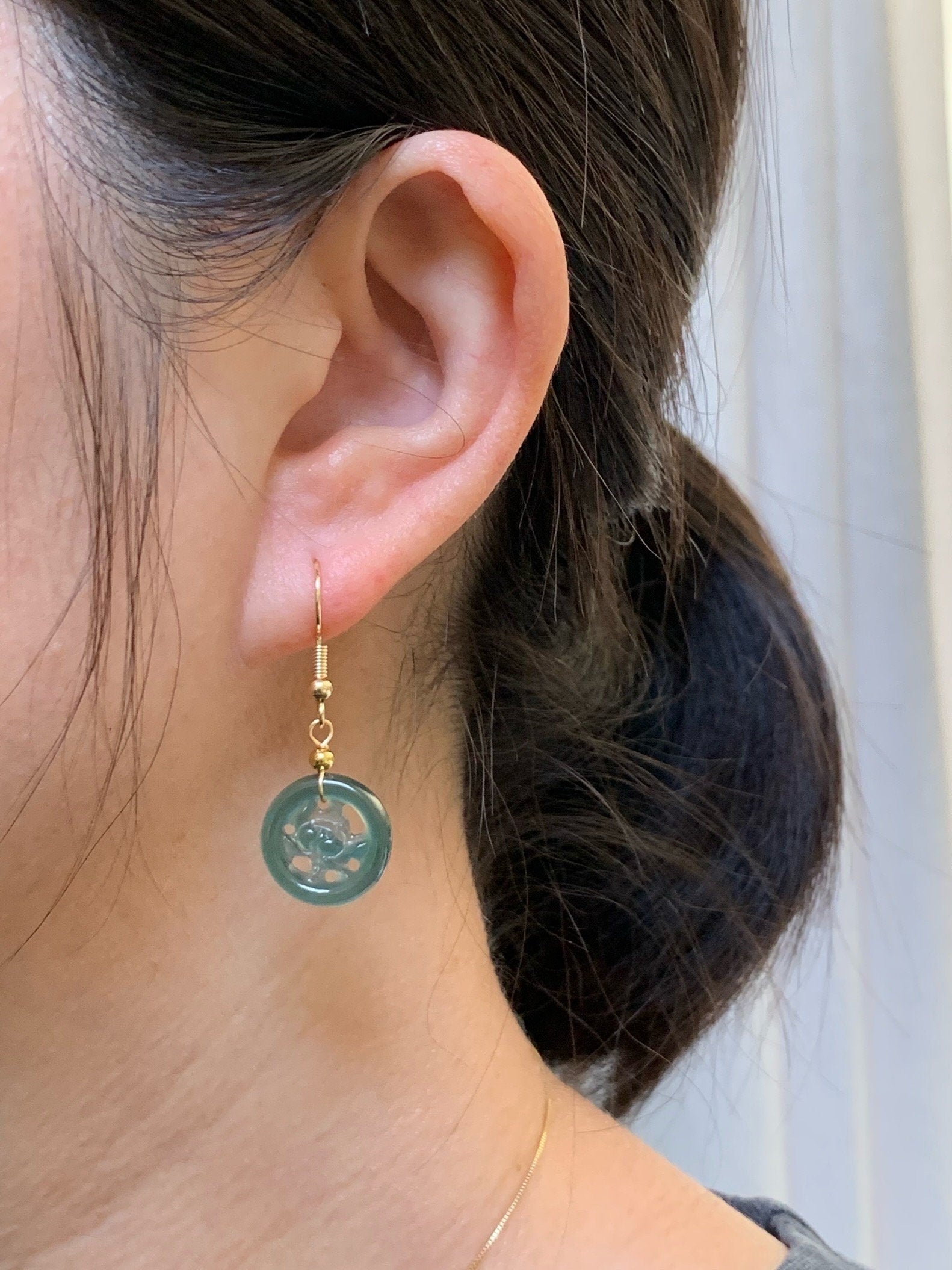 June Special! Natural Guatemalan Icy Highly Translucent Dark Teal Green Jadeite Lotus Flower Dangle Earrings 14K Gold Plated 天然冰危蓝绿翡翠莲花牌包金耳吊