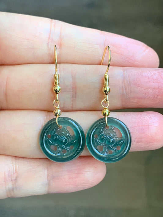 June Special! Natural Guatemalan Icy Highly Translucent Dark Teal Green Jadeite Lotus Flower Dangle Earrings 14K Gold Plated 天然冰危蓝绿翡翠莲花牌包金耳吊