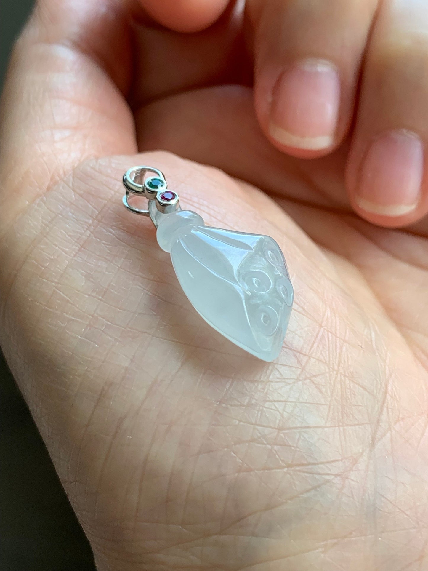 Certified Natural Burmese Icy Translucent Gelatinous White Jadeite Carved Lotus Pod Pendant 18K White Gold 天然缅甸白冰胶翡翠莲蓬镶嵌吊坠