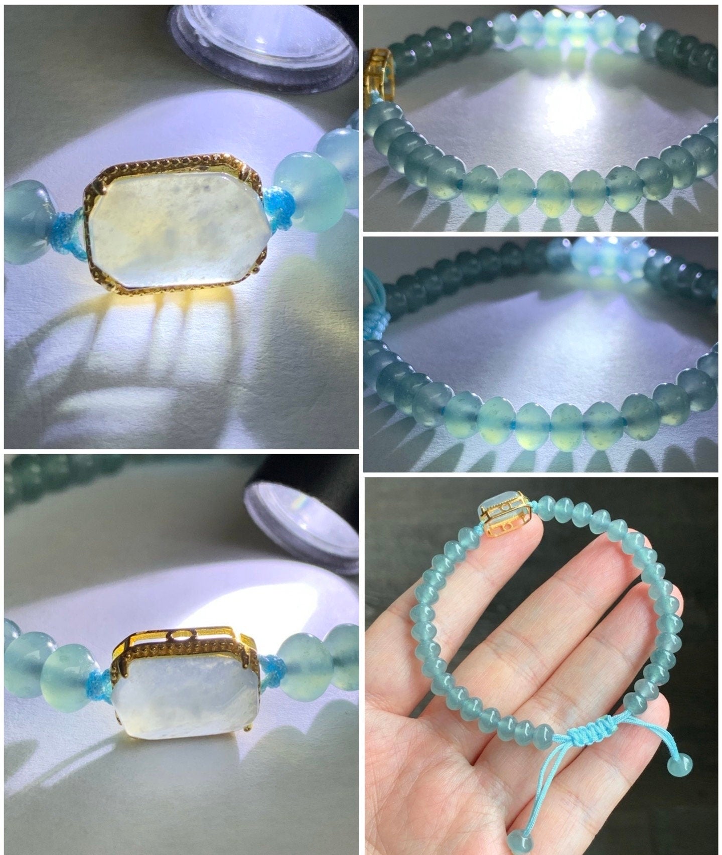 Natural Guatemalan Icy Highly Translucent Light Blue Faceted Jadeite Sterling Silver Charm Drum Beads Bracelet 6.75” 天然冰危浅蓝翡翠切割面蛋面鼓珠手串