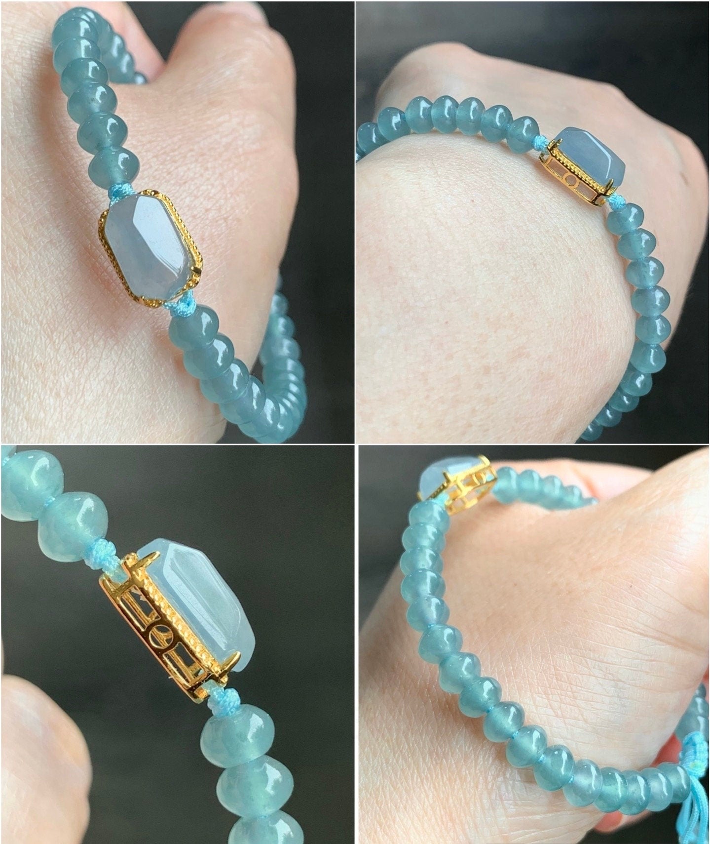 Natural Guatemalan Icy Highly Translucent Light Blue Faceted Jadeite Sterling Silver Charm Drum Beads Bracelet 6.75” 天然冰危浅蓝翡翠切割面蛋面鼓珠手串