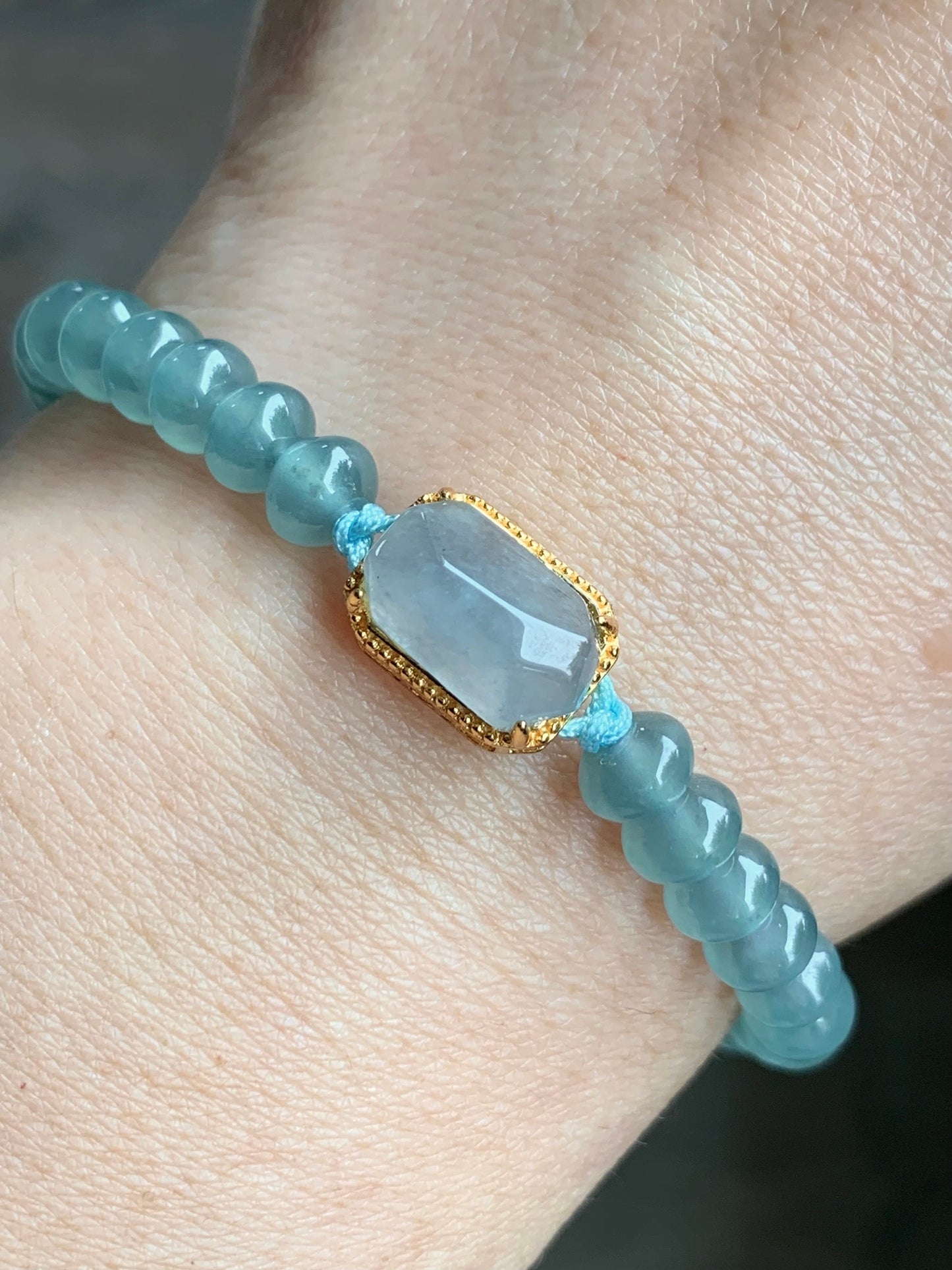 Natural Guatemalan Icy Highly Translucent Light Blue Faceted Jadeite Sterling Silver Charm Drum Beads Bracelet 6.75” 天然冰危浅蓝翡翠切割面蛋面鼓珠手串