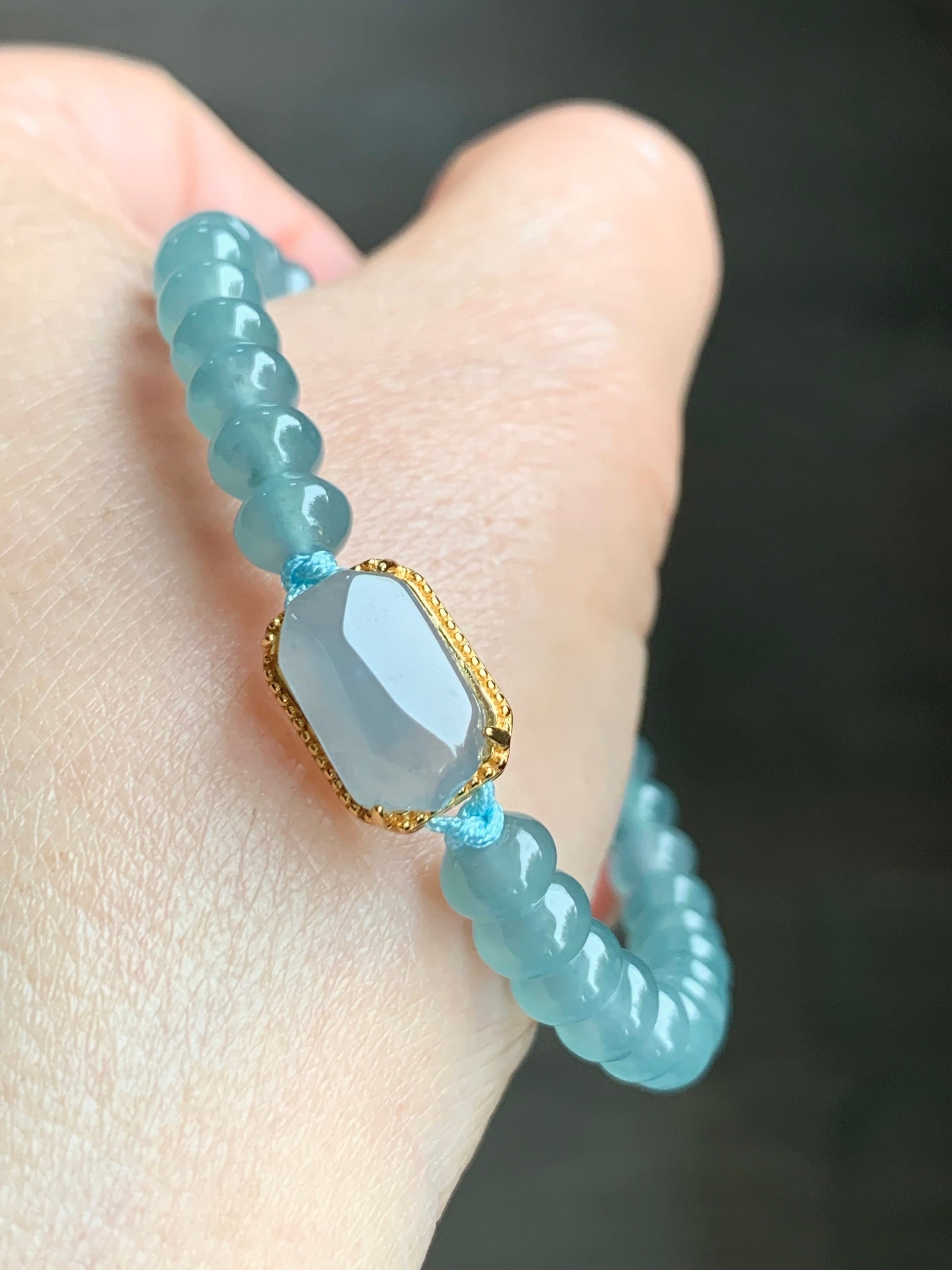 Natural Guatemalan Icy Highly Translucent Light Blue Faceted Jadeite Sterling Silver Charm Drum Beads Bracelet 6.75” 天然冰危浅蓝翡翠切割面蛋面鼓珠手串