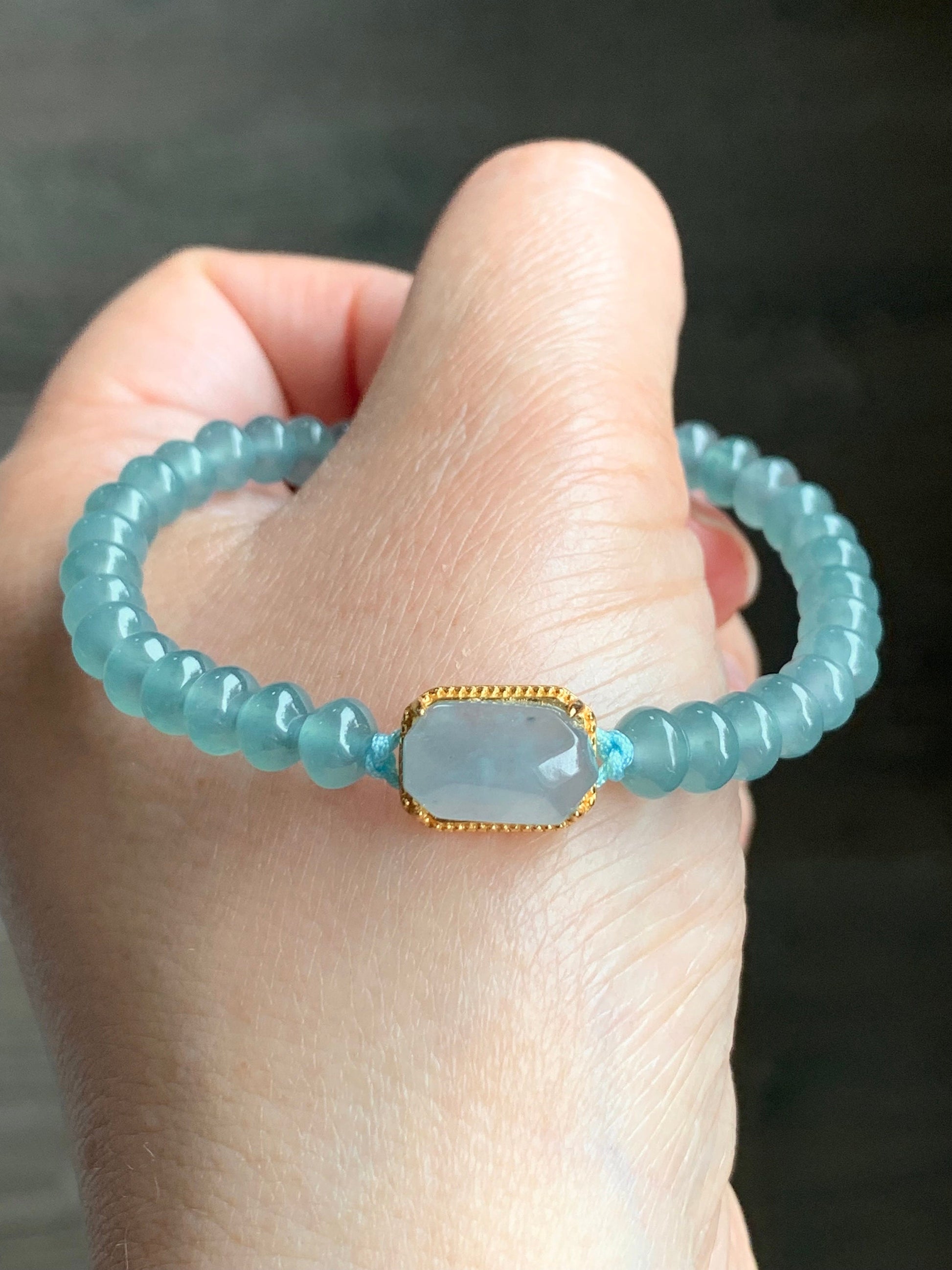 Natural Guatemalan Icy Highly Translucent Light Blue Faceted Jadeite Sterling Silver Charm Drum Beads Bracelet 6.75” 天然冰危浅蓝翡翠切割面蛋面鼓珠手串